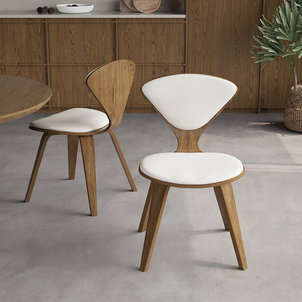 HMR - MidCentury Modern Dining Chairs PU Leather Upholstery Walnut White