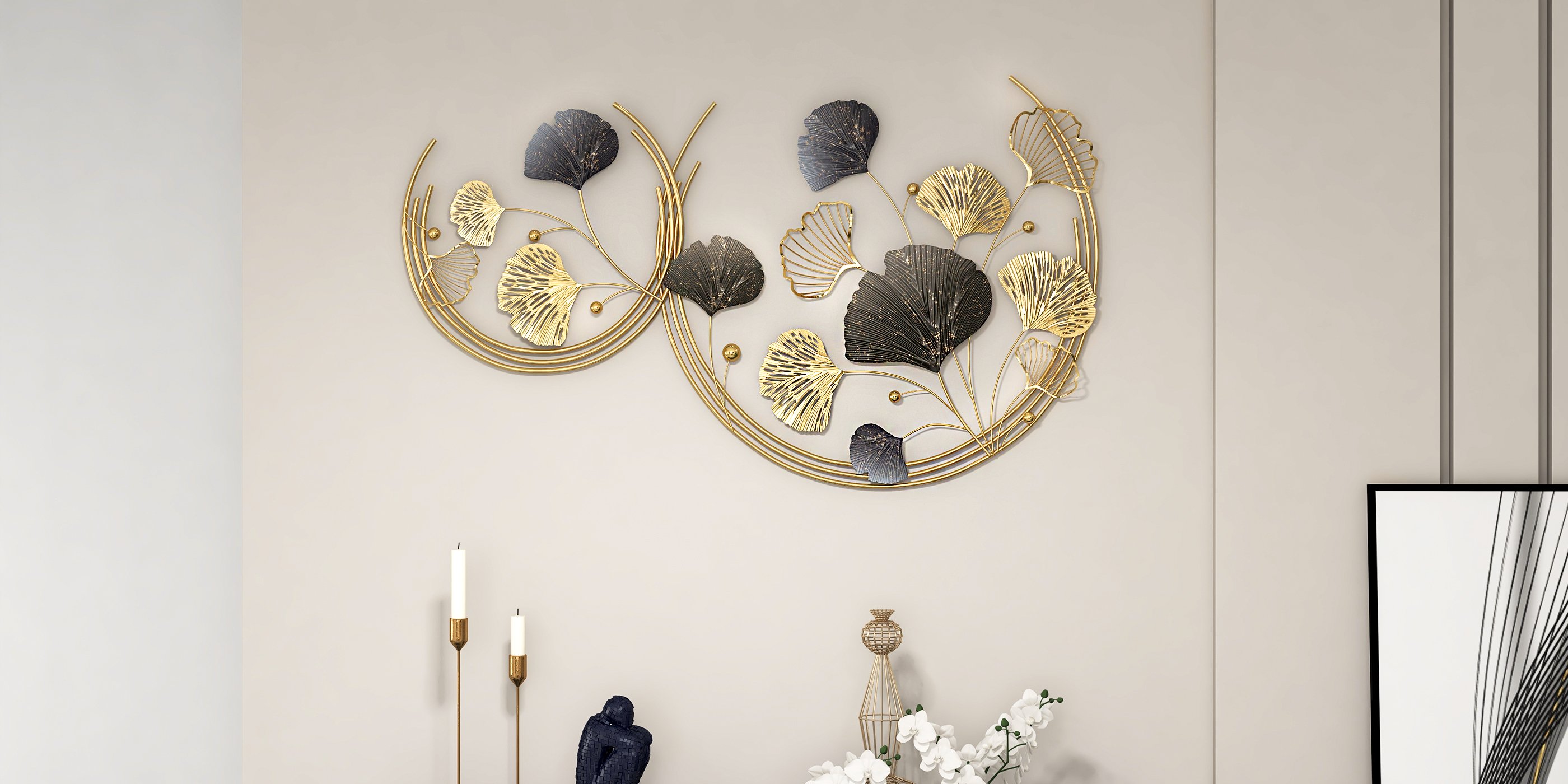 HMR - 3D Hollow-out Ginkgo Leaves Home Wall Art Decor in Gold and Gray