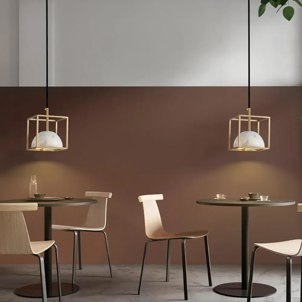 HMR - Brass Geometric Pendant Light with White Faux Marble Shade