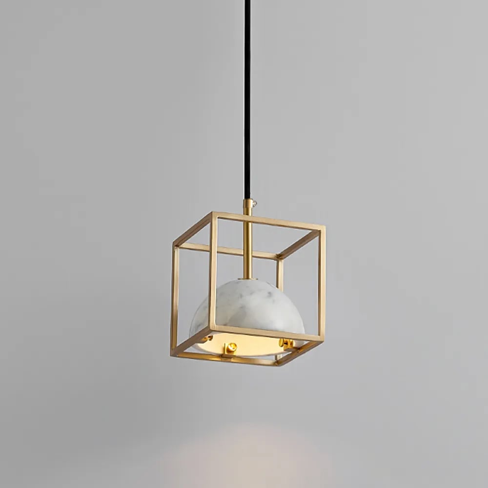 HMR - Brass Geometric Pendant Light with White Faux Marble Shade