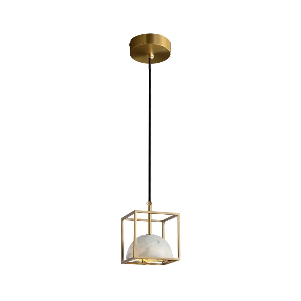 HMR - Brass Geometric Pendant Light with White Faux Marble Shade