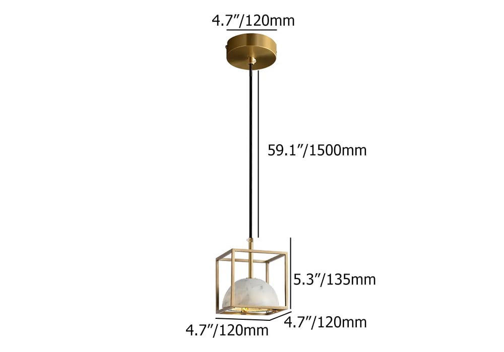 HMR - Brass Geometric Pendant Light with White Faux Marble Shade