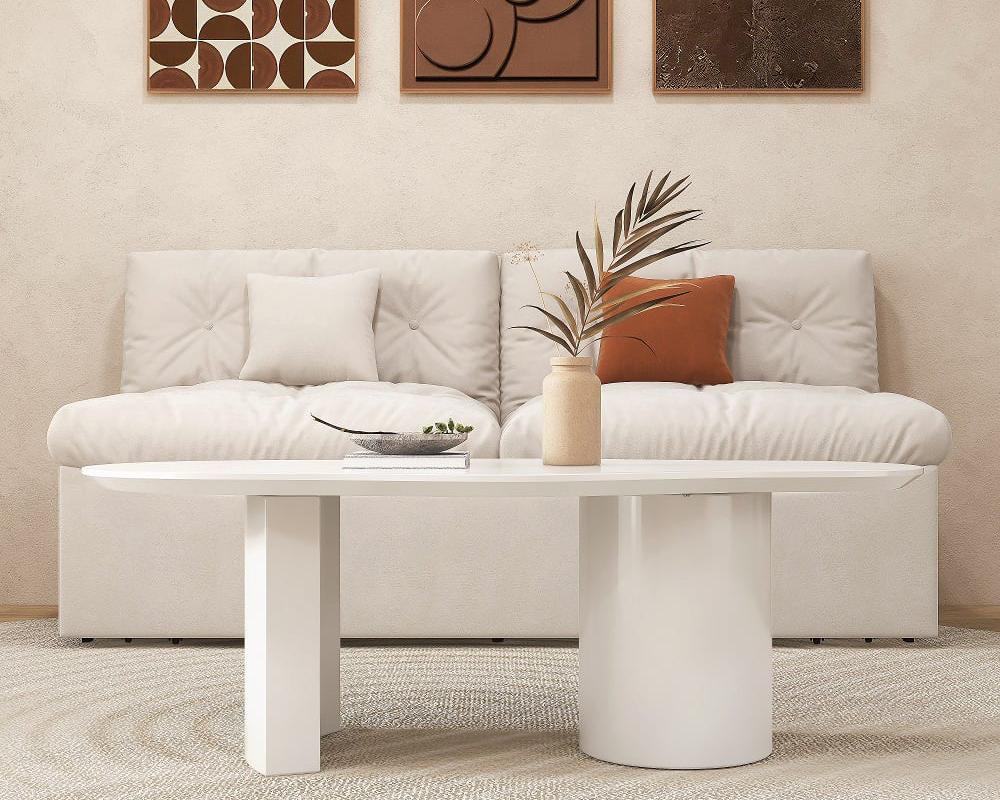 HMR 47" Japandi Funky Wood Coffee Table Abstract Cloud Shaped - White