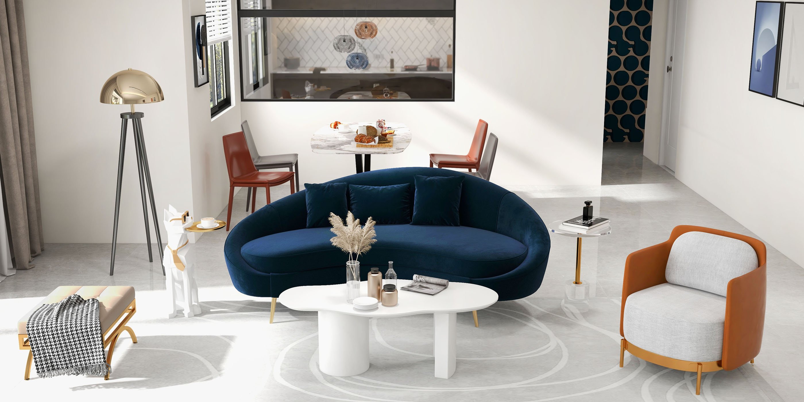 HMR 47" Japandi Funky Wood Coffee Table Abstract Cloud Shaped - White