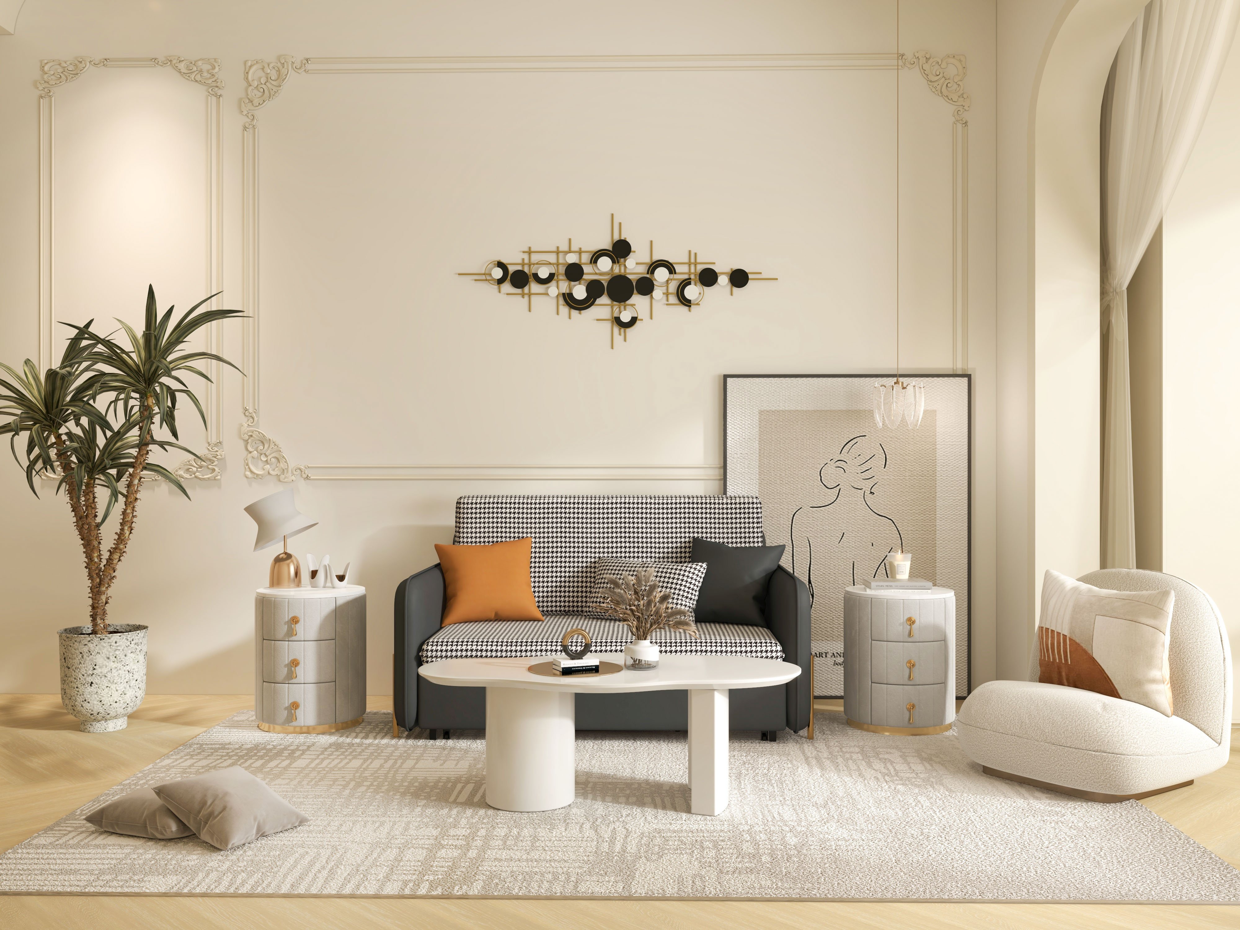 HMR 47" Japandi Funky Wood Coffee Table Abstract Cloud Shaped - White