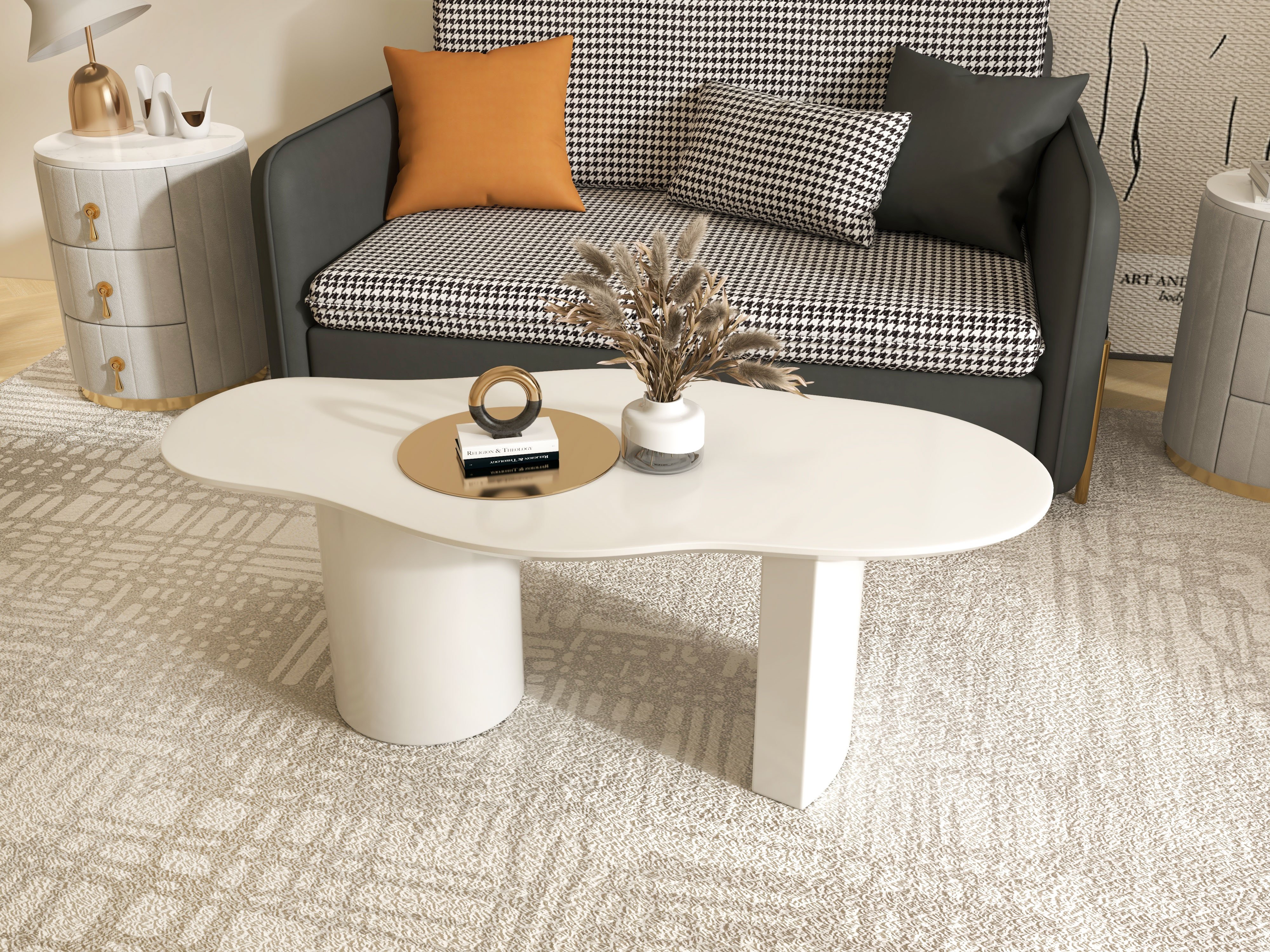HMR 47" Japandi Funky Wood Coffee Table Abstract Cloud Shaped - White