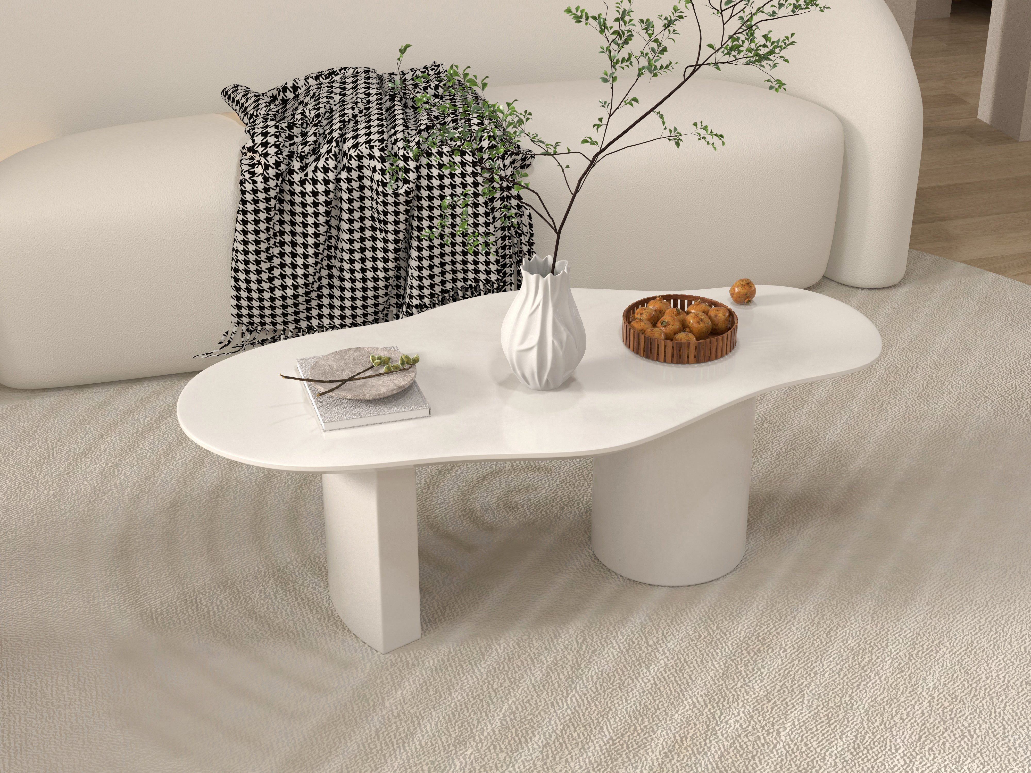 HMR 47" Japandi Funky Wood Coffee Table Abstract Cloud Shaped - White