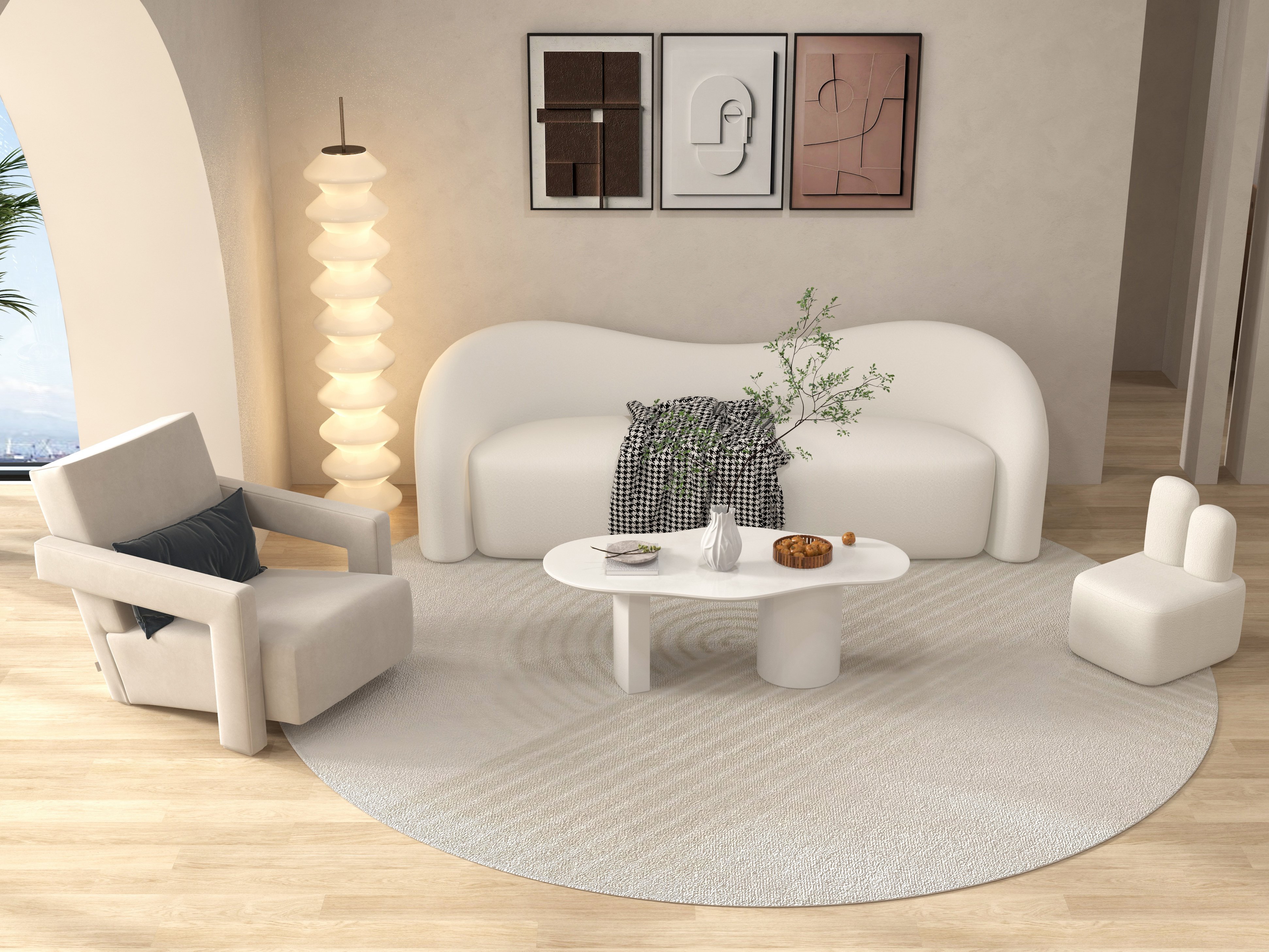 HMR 47" Japandi Funky Wood Coffee Table Abstract Cloud Shaped - White