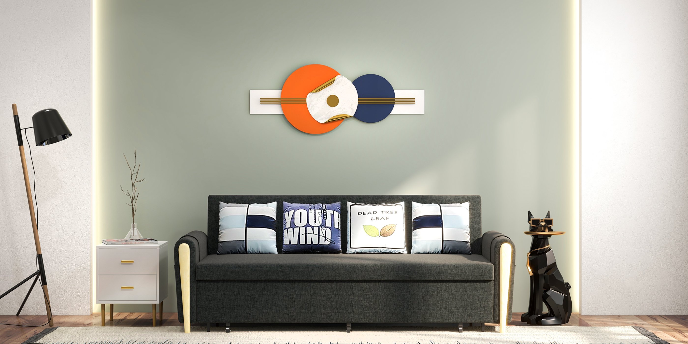HMR - 47.2" Modern Round Metal Wall Decor Overlapping Design in White & Orange for Living Room