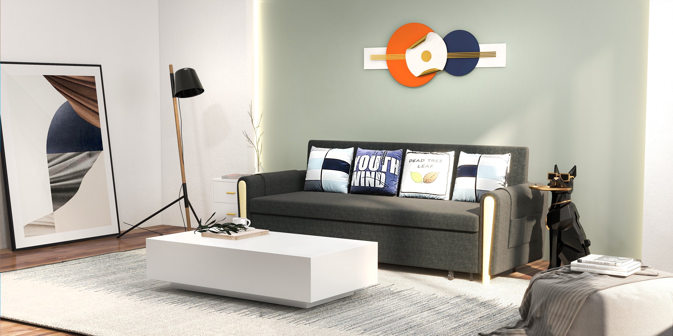 HMR - 47.2" Modern Round Metal Wall Decor Overlapping Design in White & Orange for Living Room