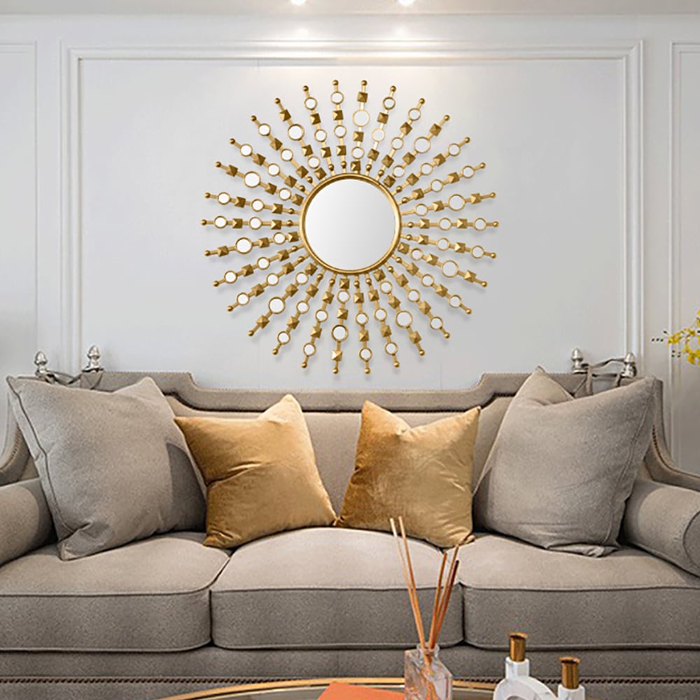 HMR - 27.6" Glam Metal Round Gold Wall Mirror Sun Shine Home Decor for Living Room