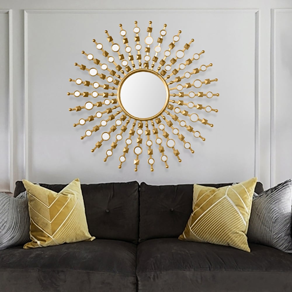 HMR - 27.6" Glam Metal Round Gold Wall Mirror Sun Shine Home Decor for Living Room