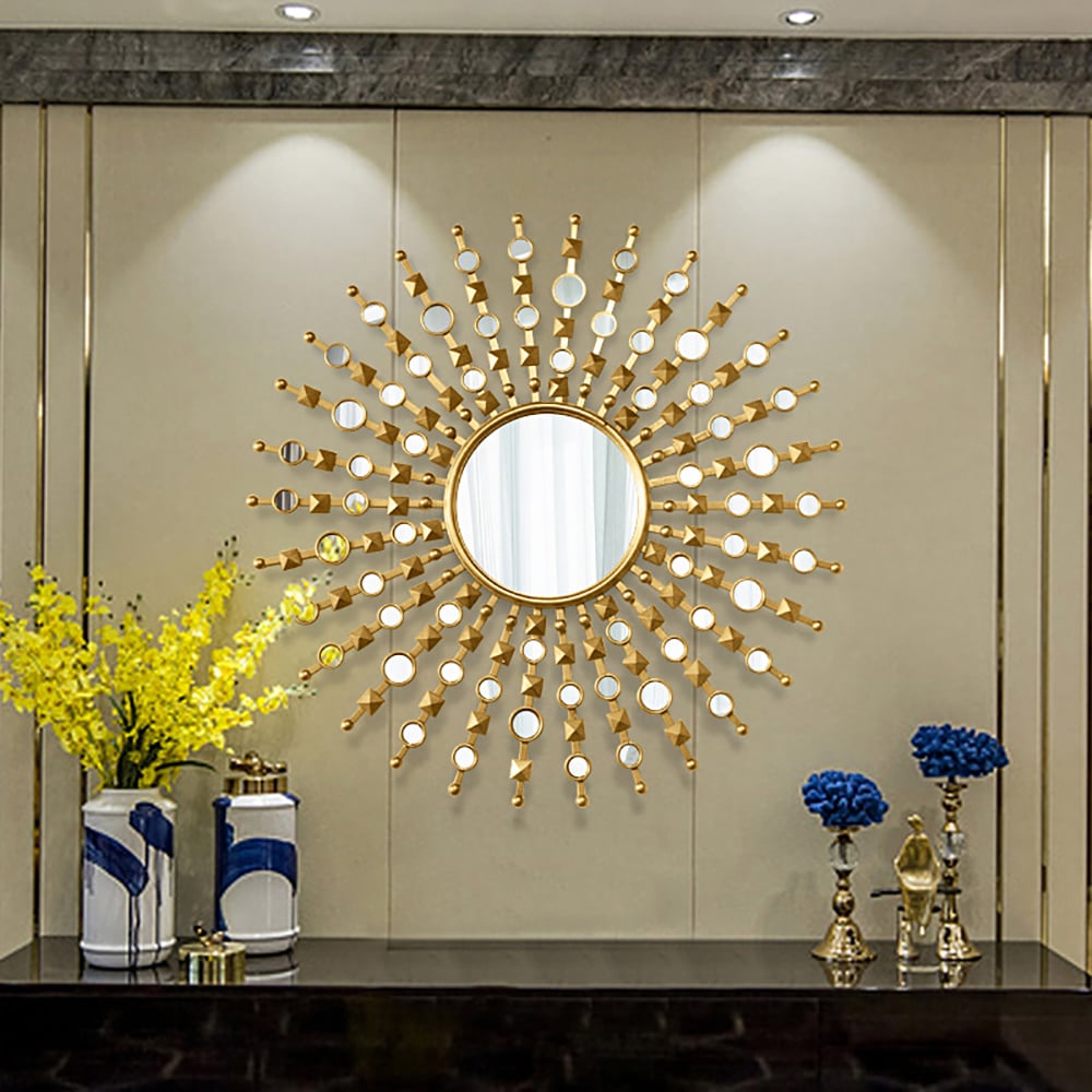 HMR - 27.6" Glam Metal Round Gold Wall Mirror Sun Shine Home Decor for Living Room