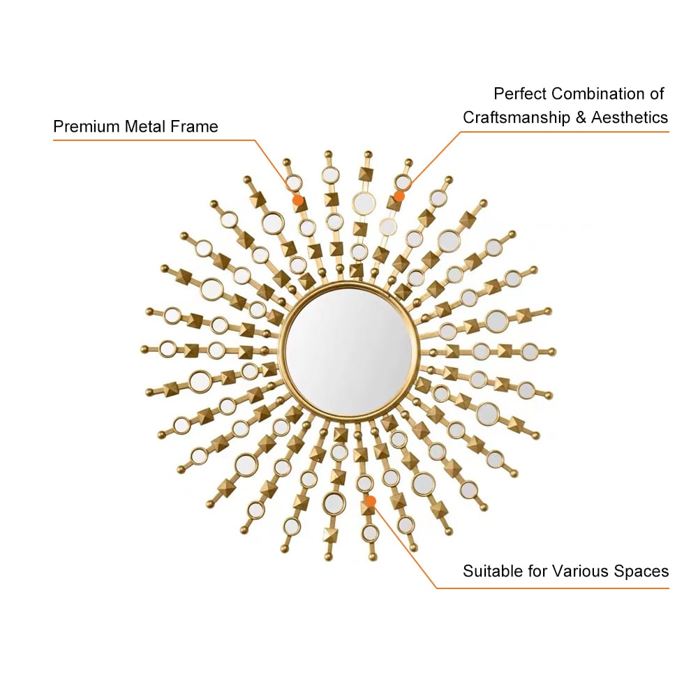 HMR - 27.6" Glam Metal Round Gold Wall Mirror Sun Shine Home Decor for Living Room