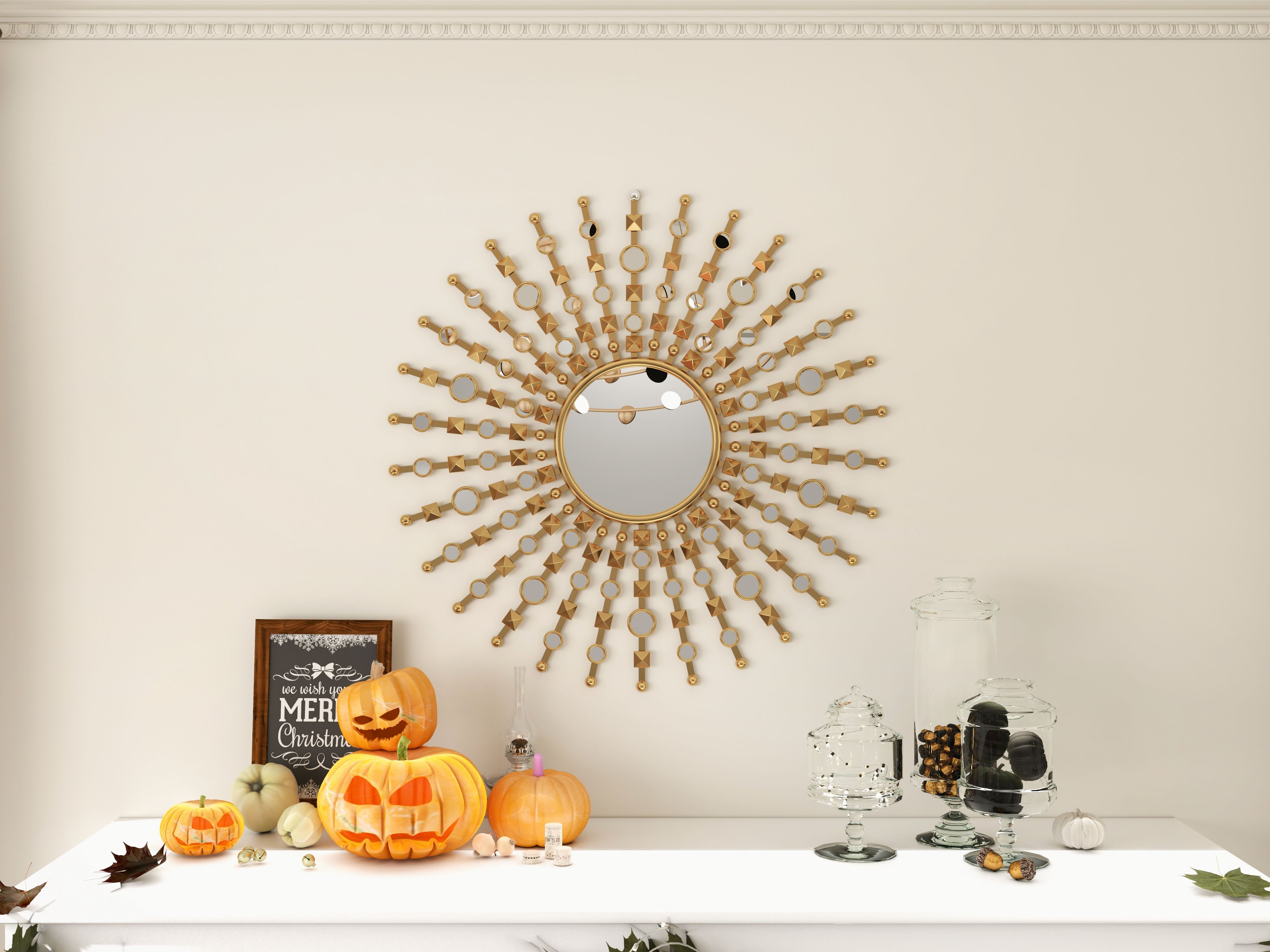 HMR - 27.6" Glam Metal Round Gold Wall Mirror Sun Shine Home Decor for Living Room