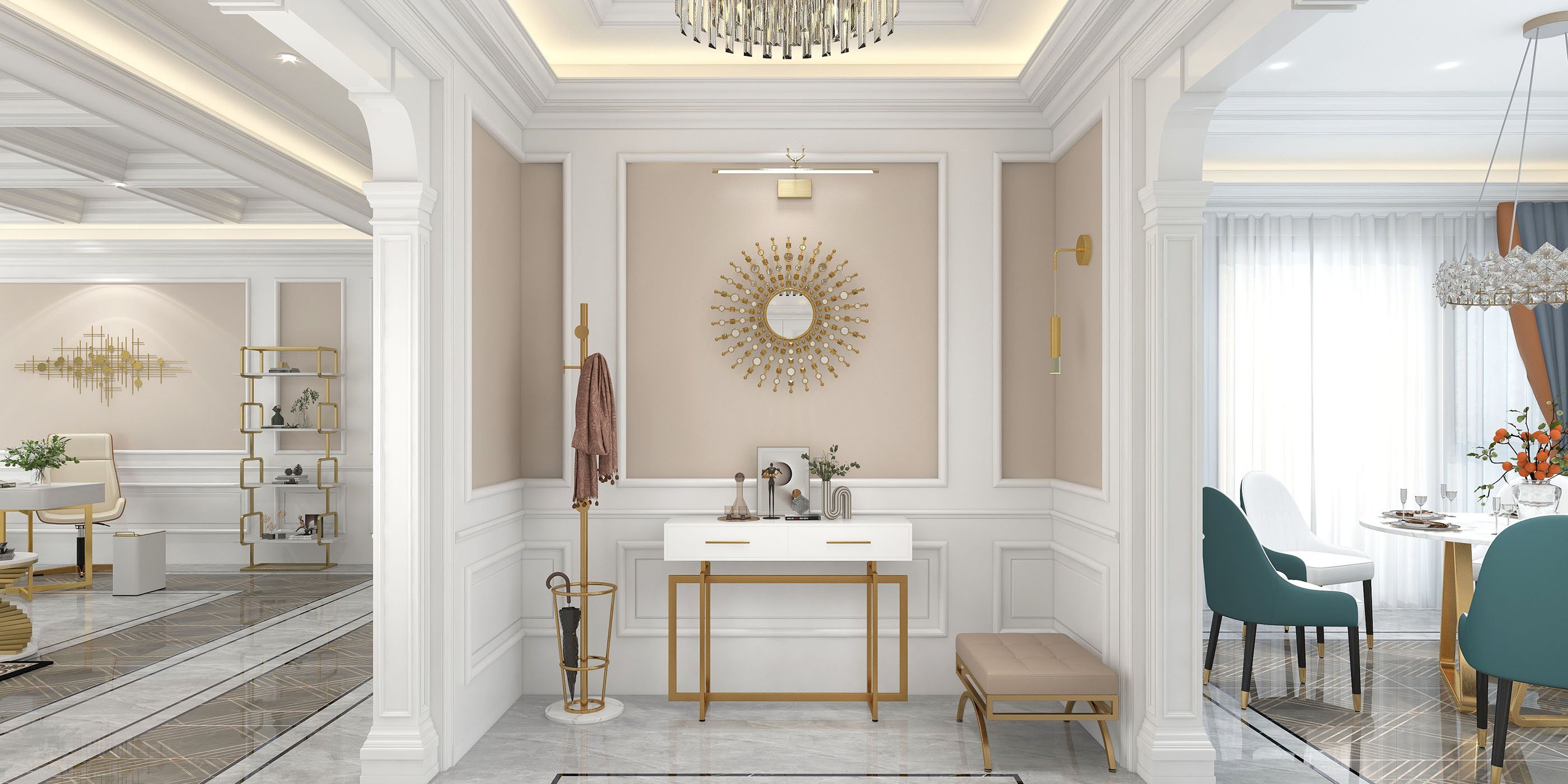 HMR - 27.6" Glam Metal Round Gold Wall Mirror Sun Shine Home Decor for Living Room