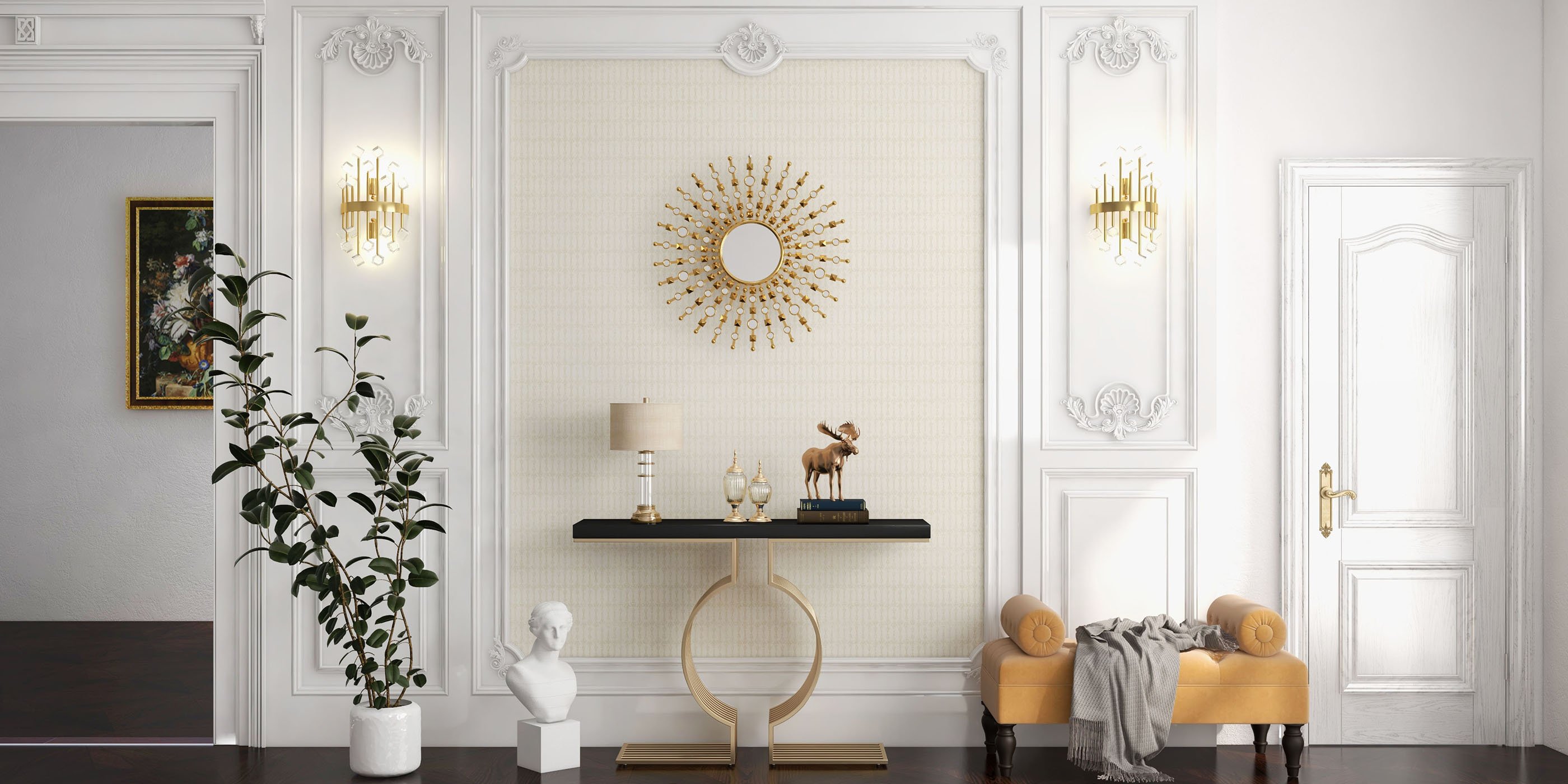 HMR - 27.6" Glam Metal Round Gold Wall Mirror Sun Shine Home Decor for Living Room