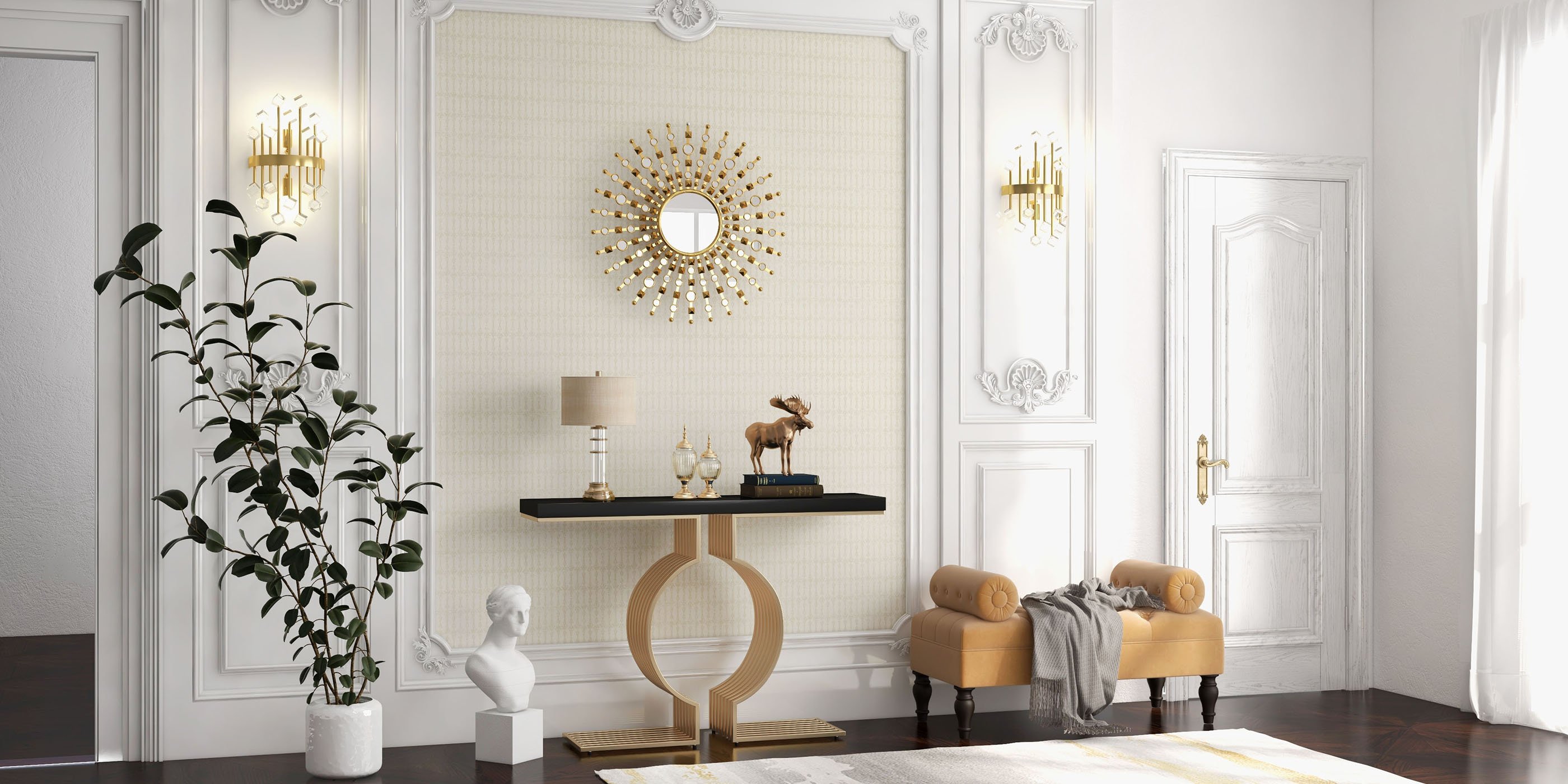 HMR - 27.6" Glam Metal Round Gold Wall Mirror Sun Shine Home Decor for Living Room