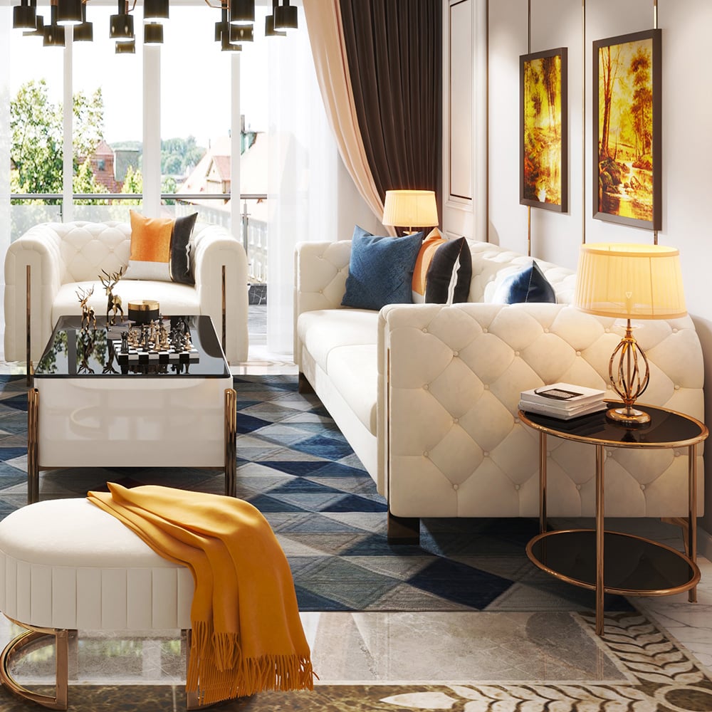 HMR - Taree Set of 2 86.6" Modern White Leath-aire Upholstered Sofa & Chair Living Room