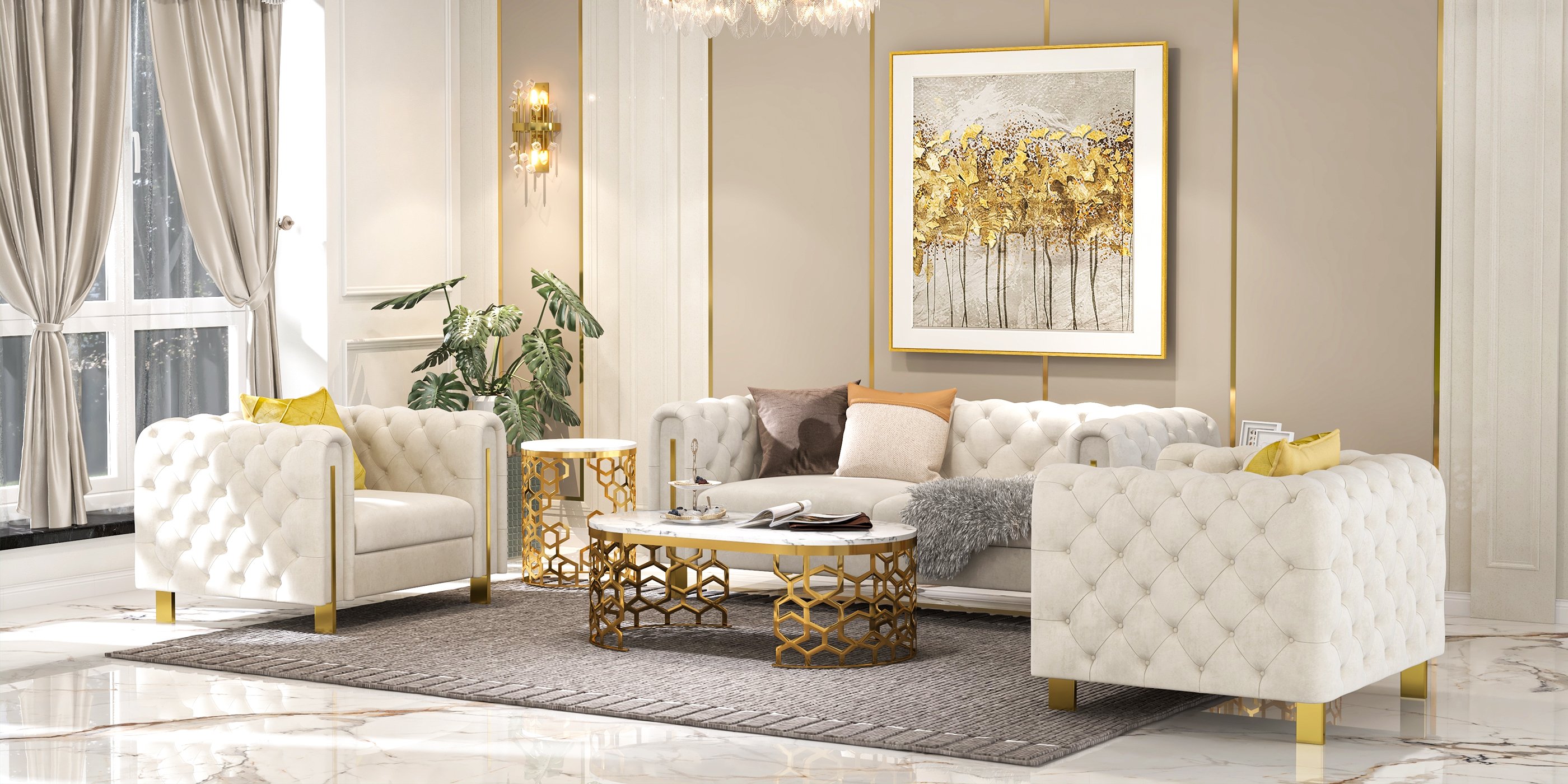 HMR - Taree Set of 2 86.6" Modern White Leath-aire Upholstered Sofa & Chair Living Room
