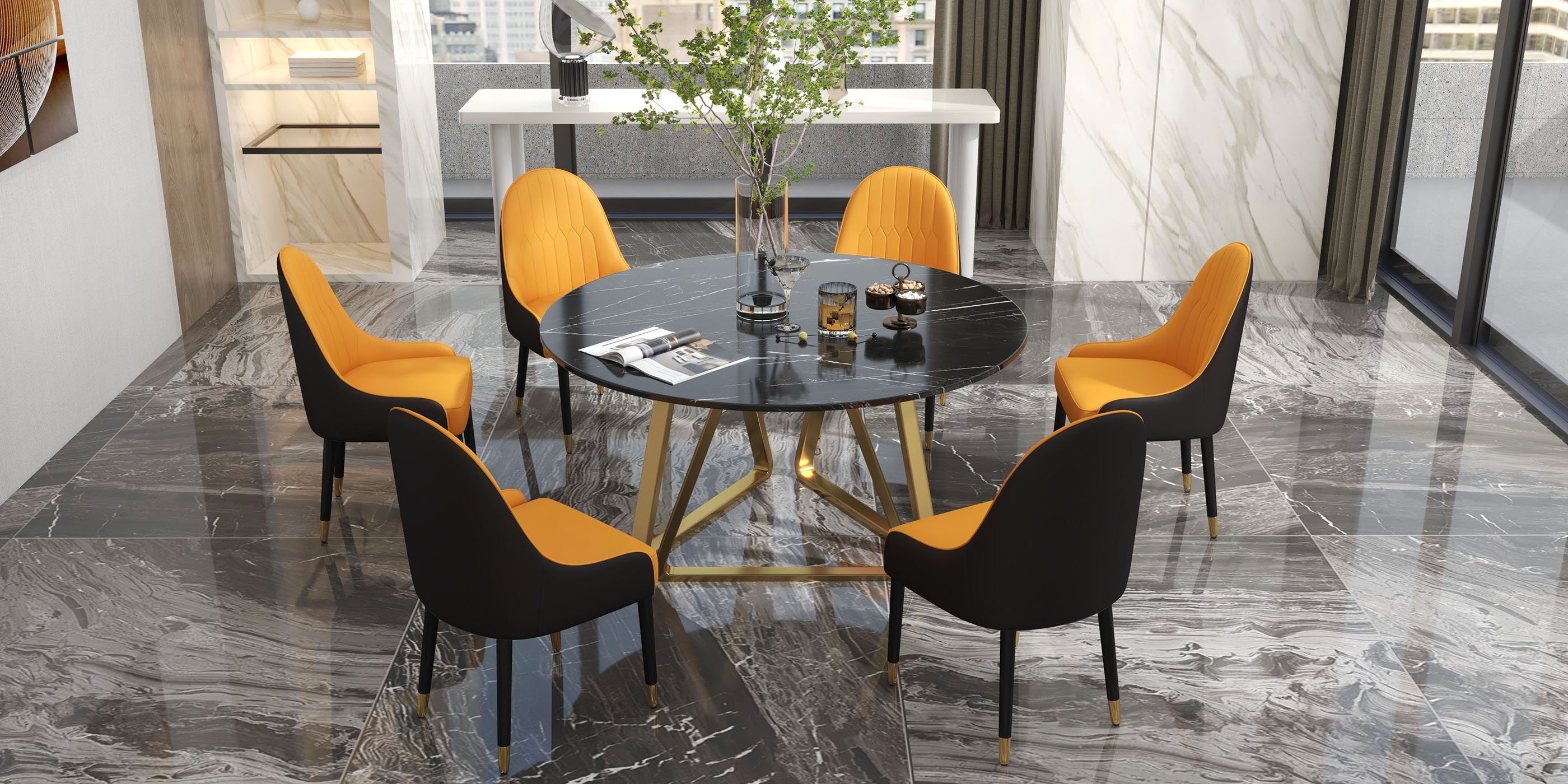 HMR Darg Series Modern PU Leather Upholstery Dining Chairs - Orange/Black, Set of 2