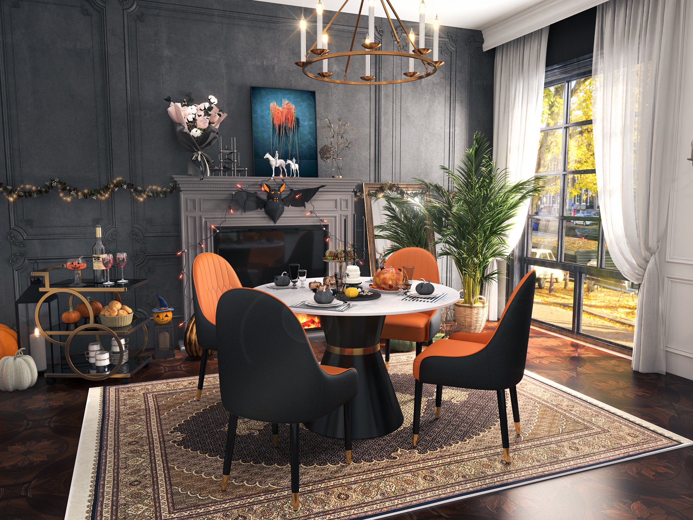 HMR Darg Series Modern PU Leather Upholstery Dining Chairs - Orange/Black, Set of 2