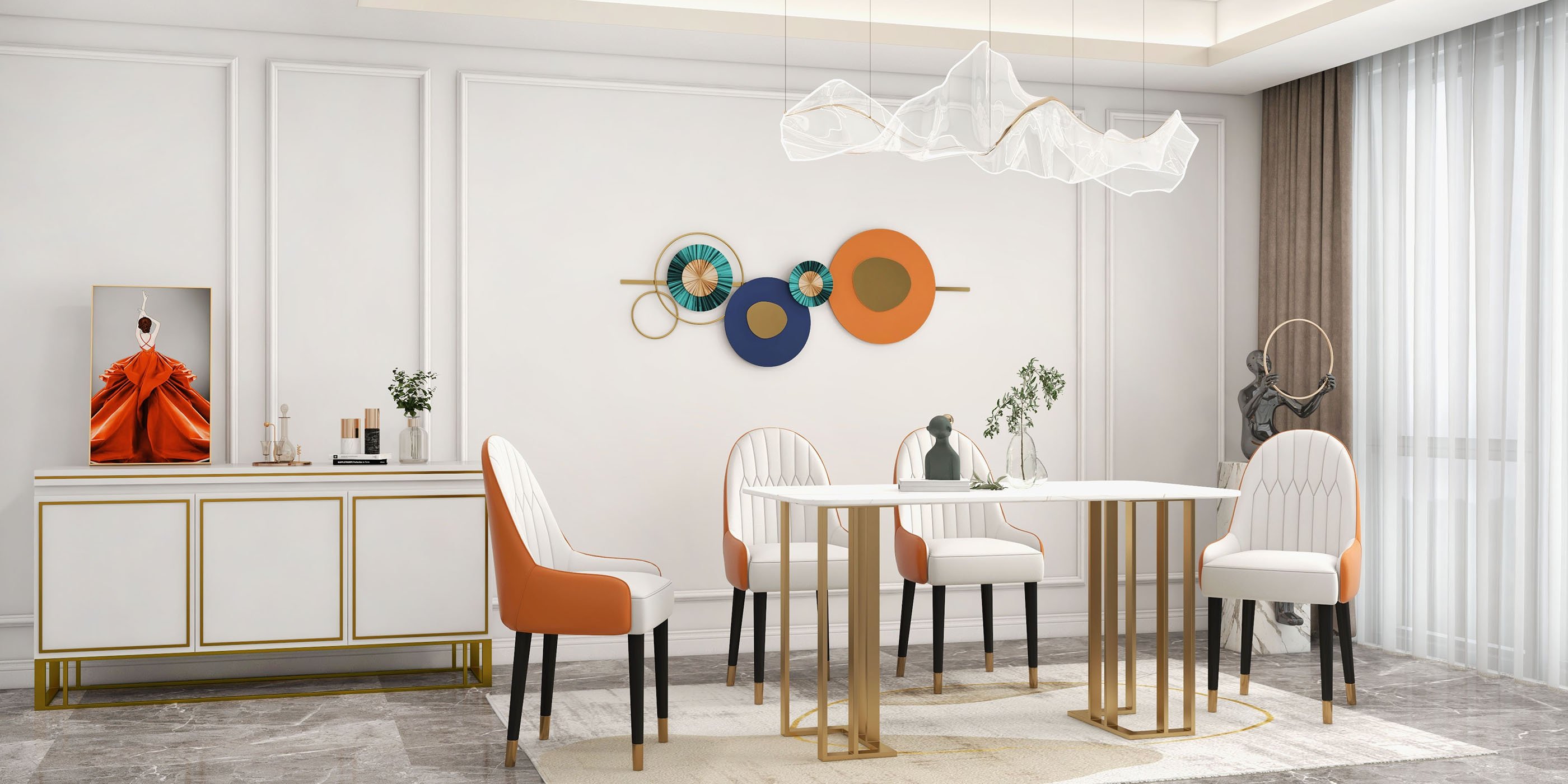 HMR Darg Series Modern PU Leather Upholstery Dining Chairs - White/Orange, Set of 2