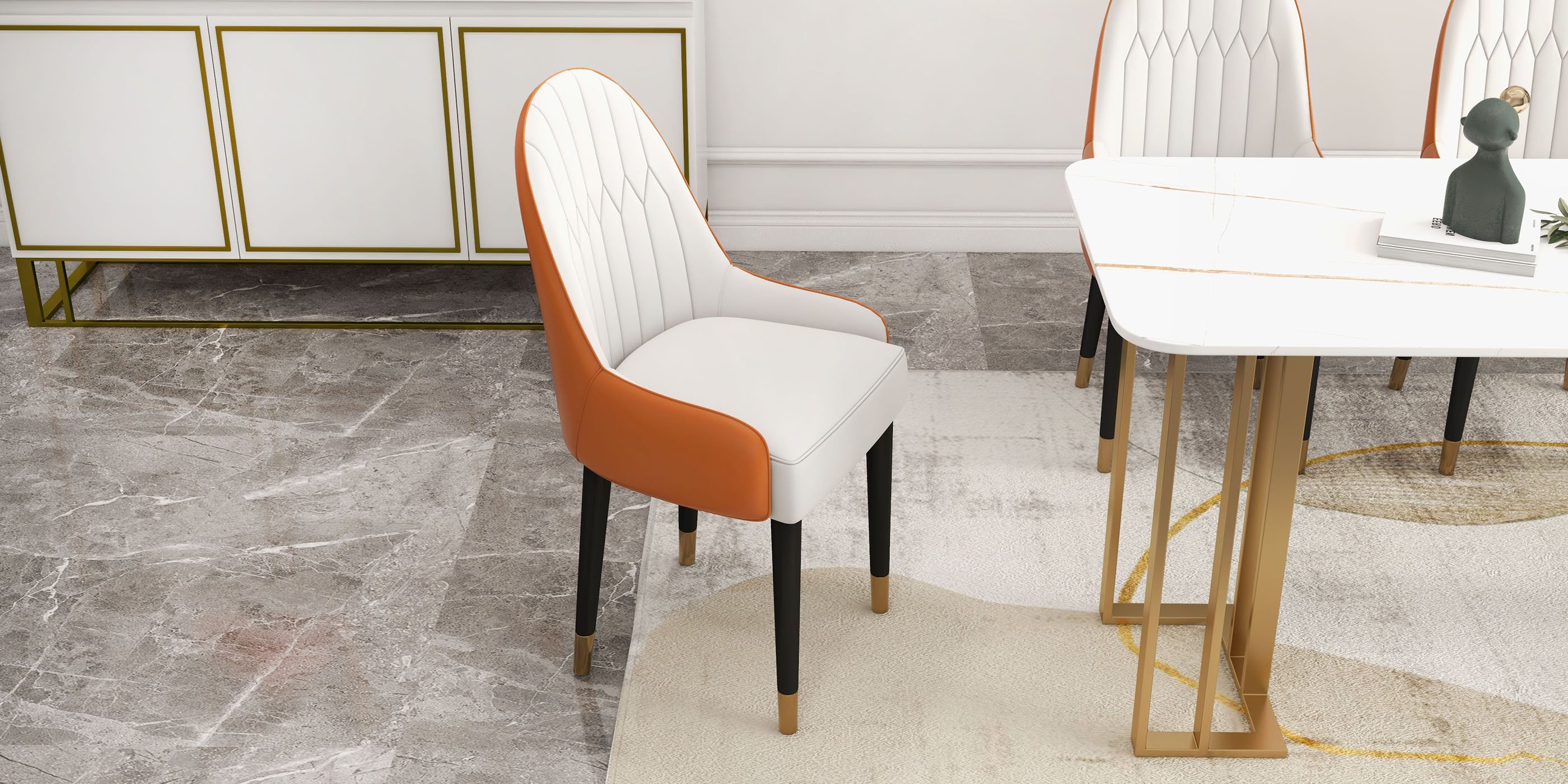 HMR Darg Series Modern PU Leather Upholstery Dining Chairs - White/Orange, Set of 2