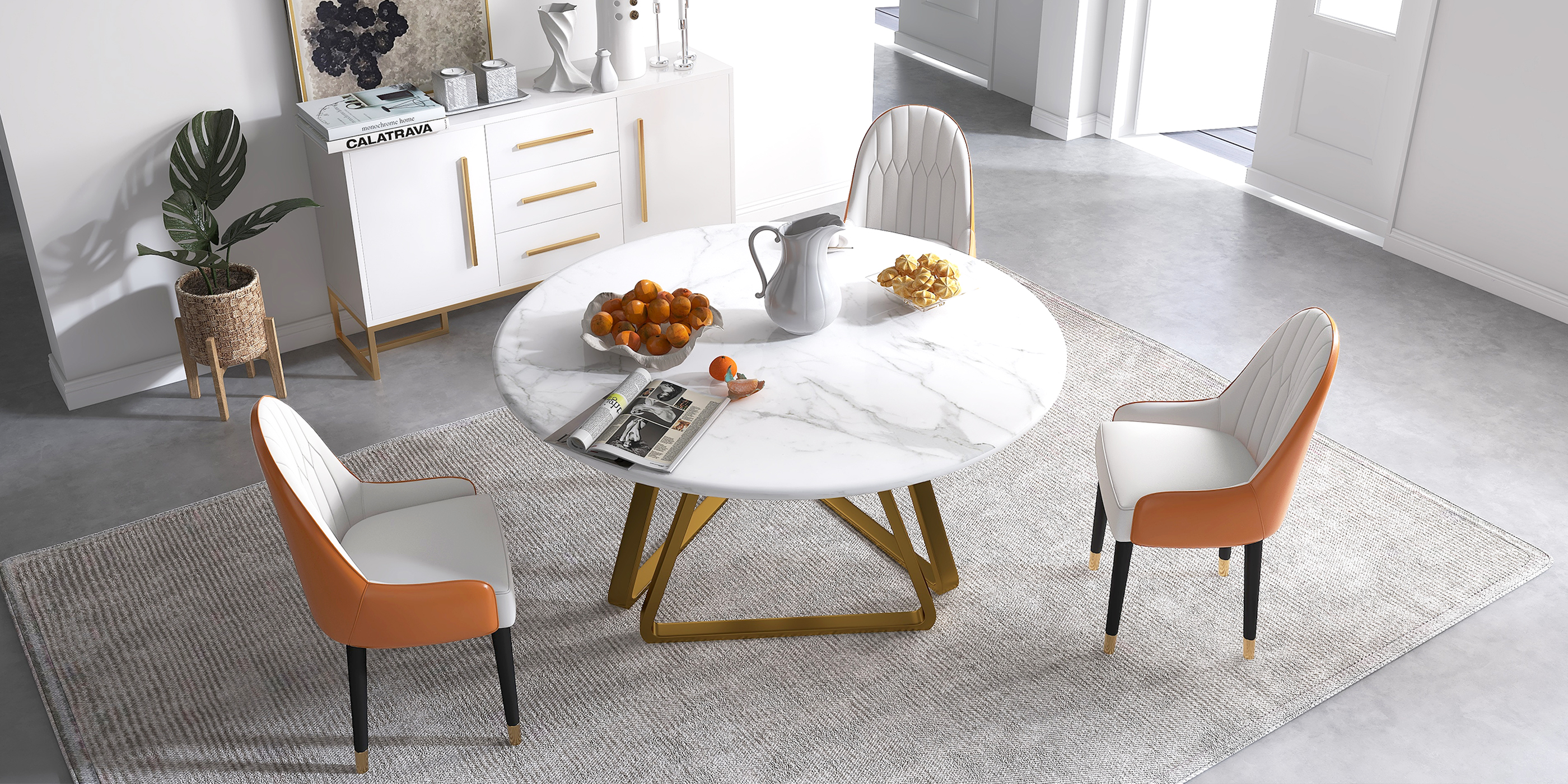 HMR Darg Series Modern PU Leather Upholstery Dining Chairs - White/Orange, Set of 2