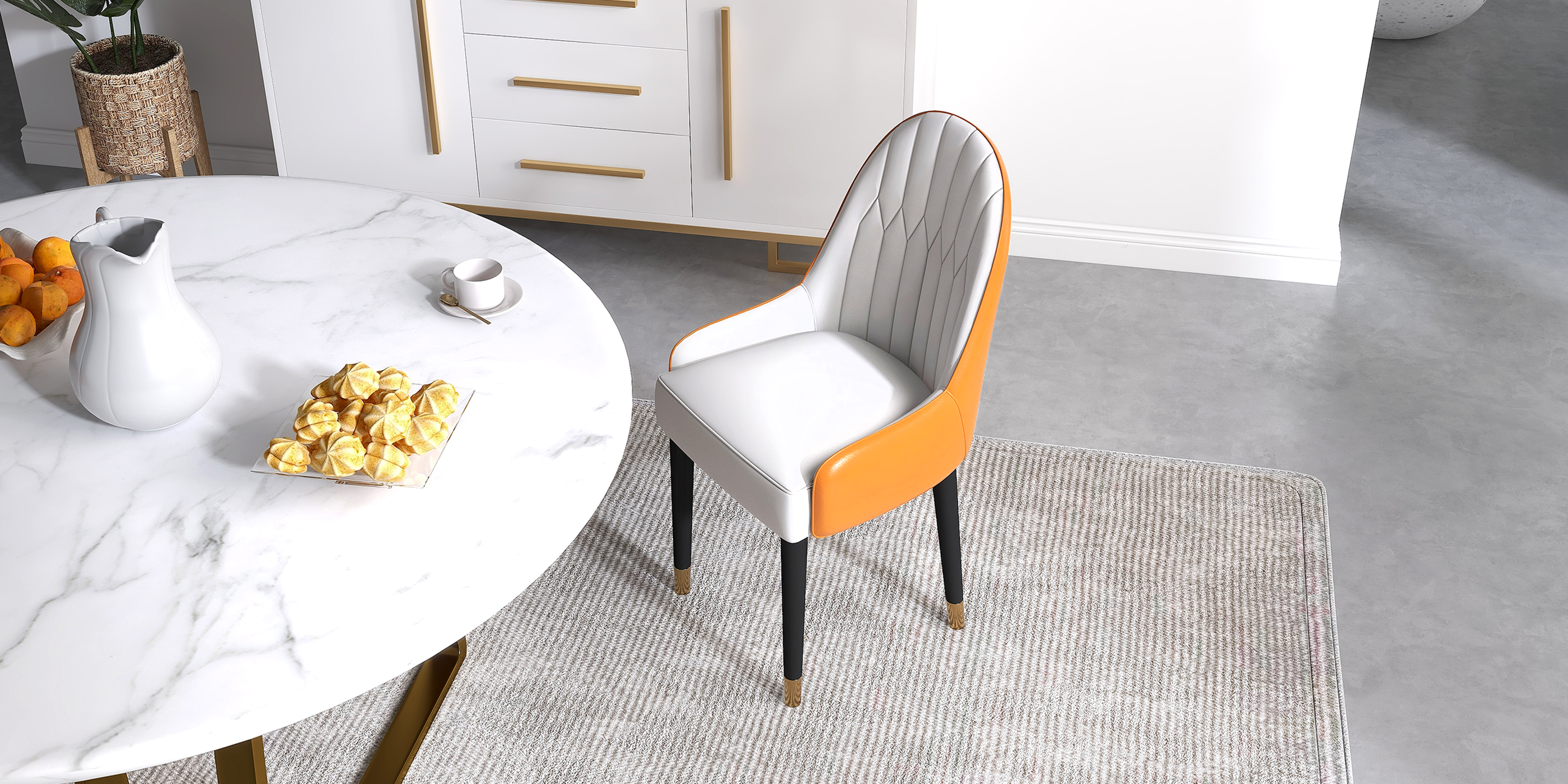 HMR Darg Series Modern PU Leather Upholstery Dining Chairs - White/Orange, Set of 2