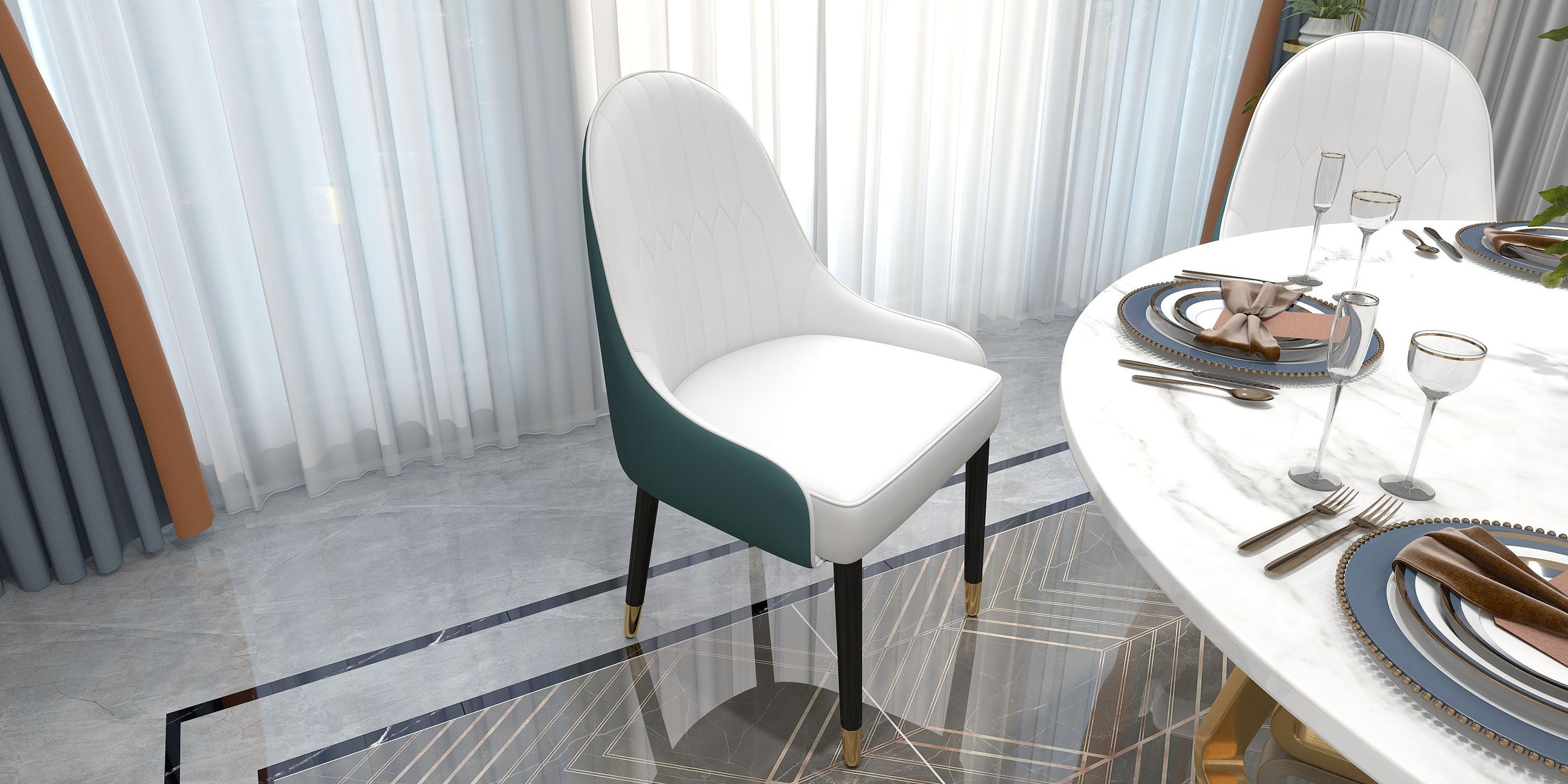 HMR Darg Series Modern PU Leather Upholstery Dining Chairs - White/Green, Set of 2