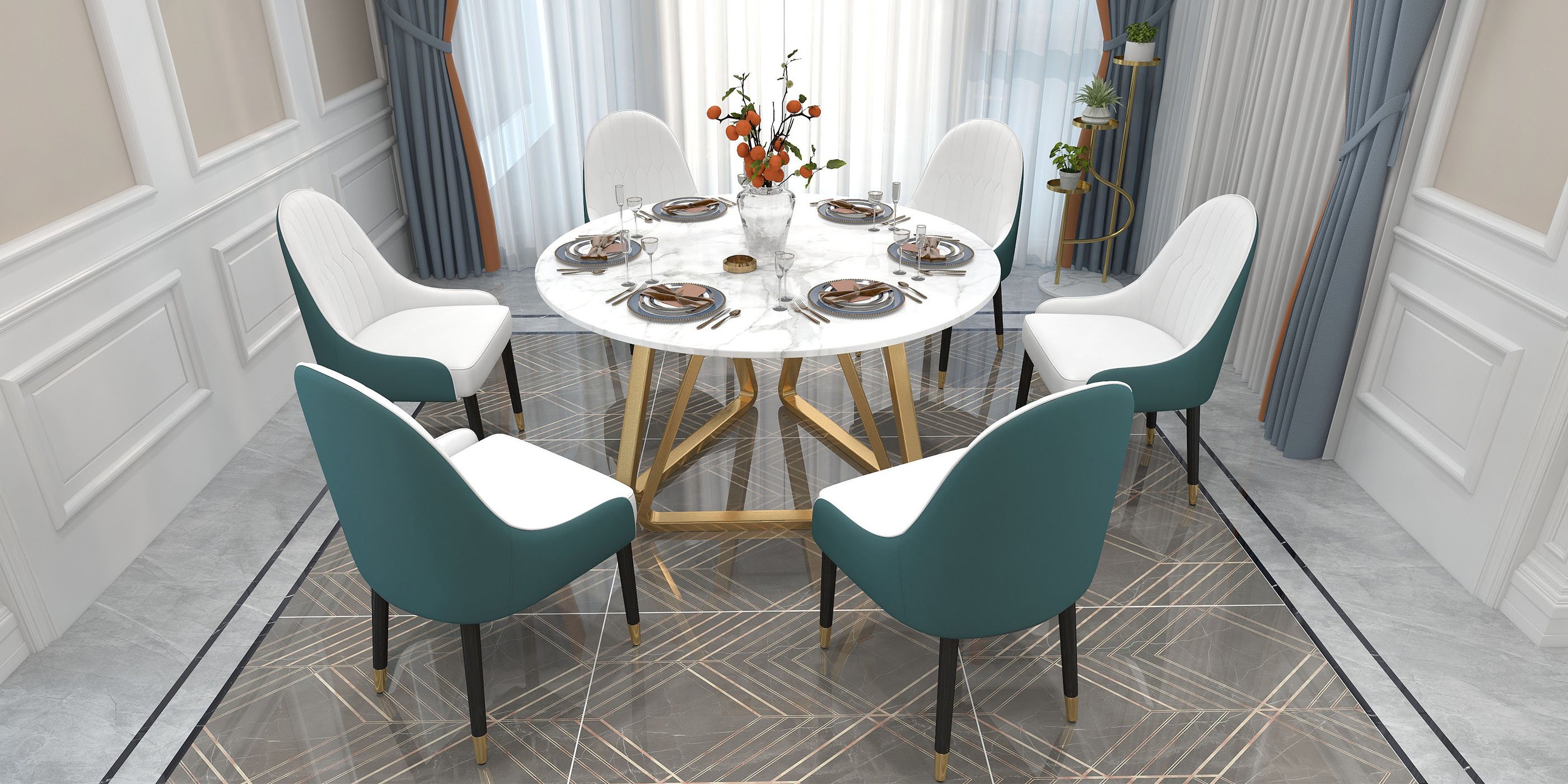 HMR Darg Series Modern PU Leather Upholstery Dining Chairs - White/Green, Set of 2
