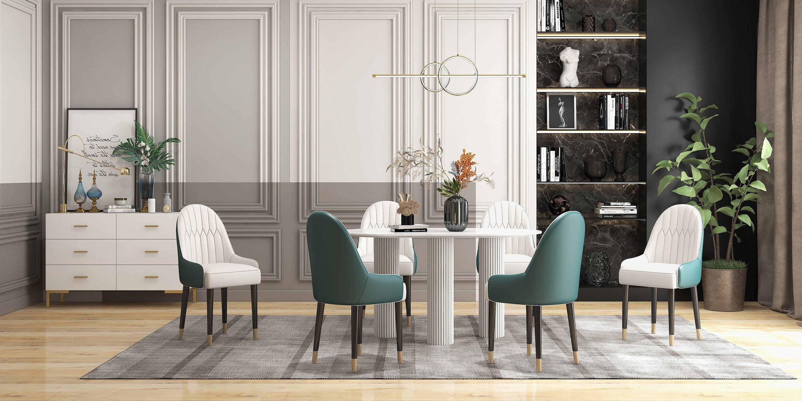 HMR Darg Series Modern PU Leather Upholstery Dining Chairs - White/Green, Set of 2