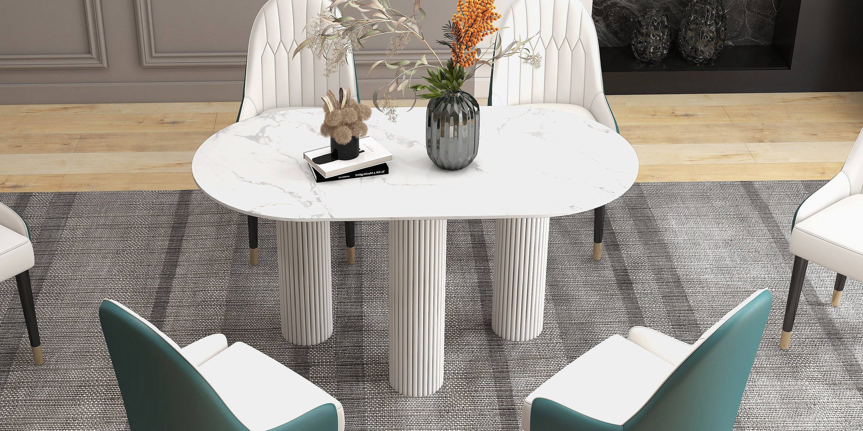 HMR Darg Series Modern PU Leather Upholstery Dining Chairs - White/Green, Set of 2