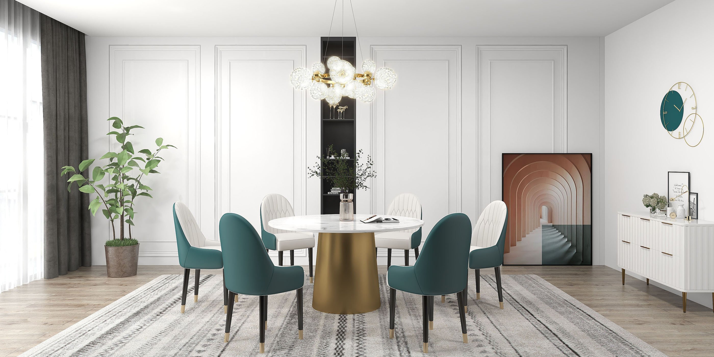 HMR Darg Series Modern PU Leather Upholstery Dining Chairs - White/Green, Set of 2