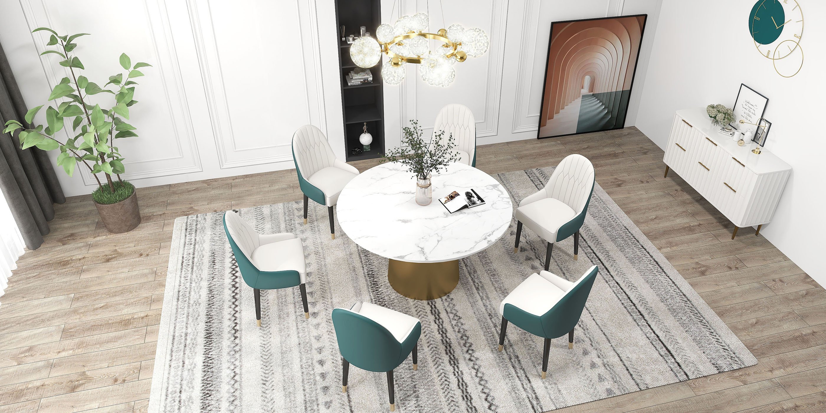 HMR Darg Series Modern PU Leather Upholstery Dining Chairs - White/Green, Set of 2