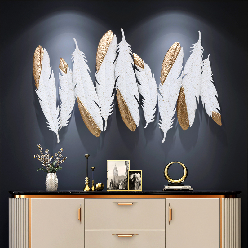 HMR - Creative Feathers Metal Wall Decor Hanging Home Art in White & Gold