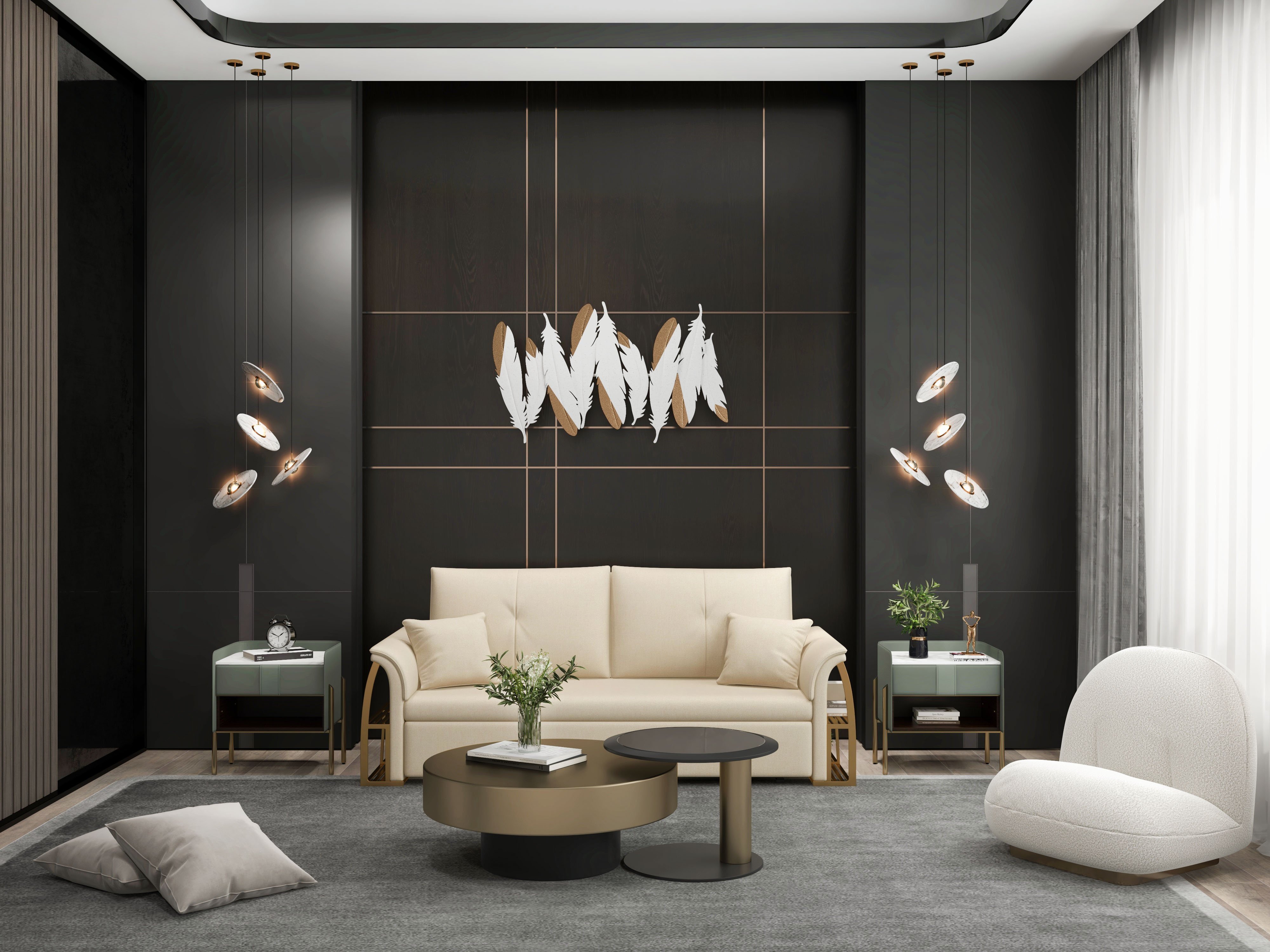 HMR - Creative Feathers Metal Wall Decor Hanging Home Art in White & Gold