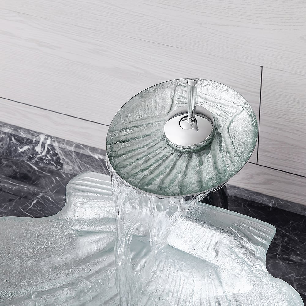 HMR - Vessel Transparent Shell Shaped Crystal Glass Bowl Bathroom Wash Sink with Faucet