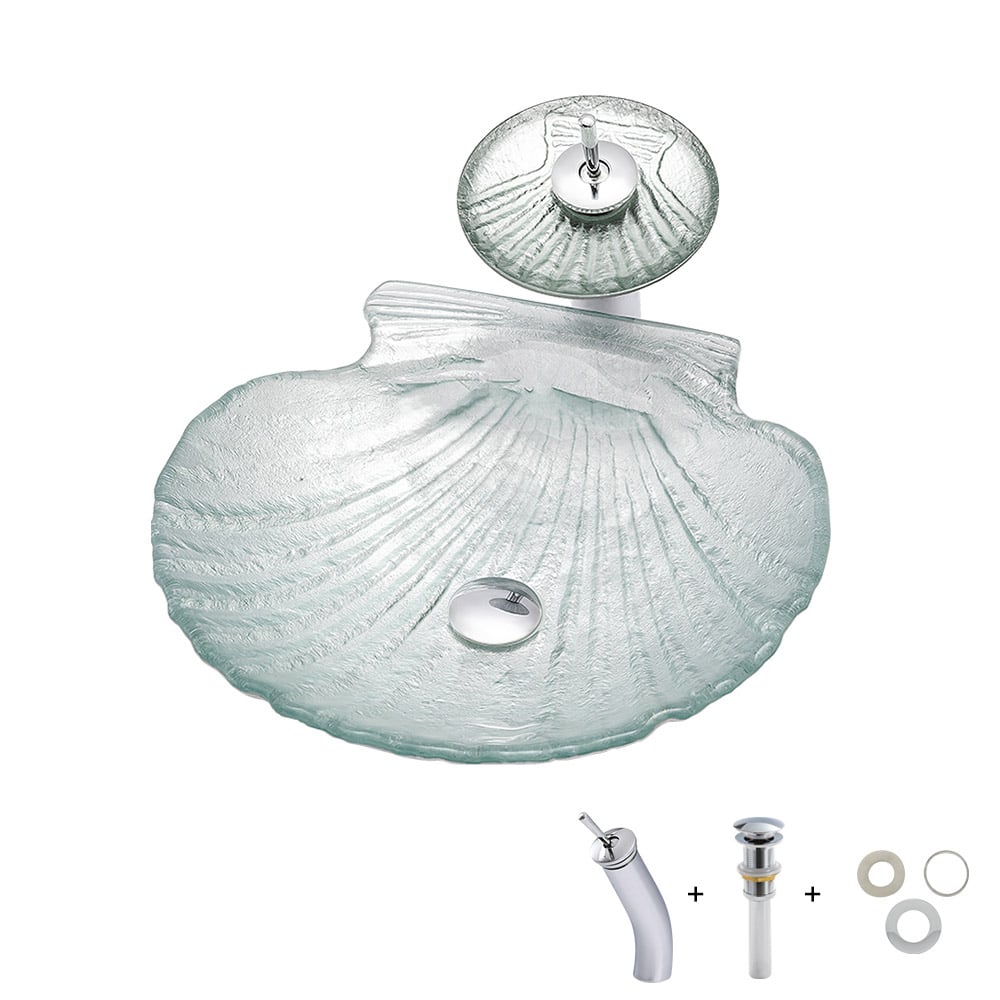 HMR - Vessel Transparent Shell Shaped Crystal Glass Bowl Bathroom Wash Sink with Faucet