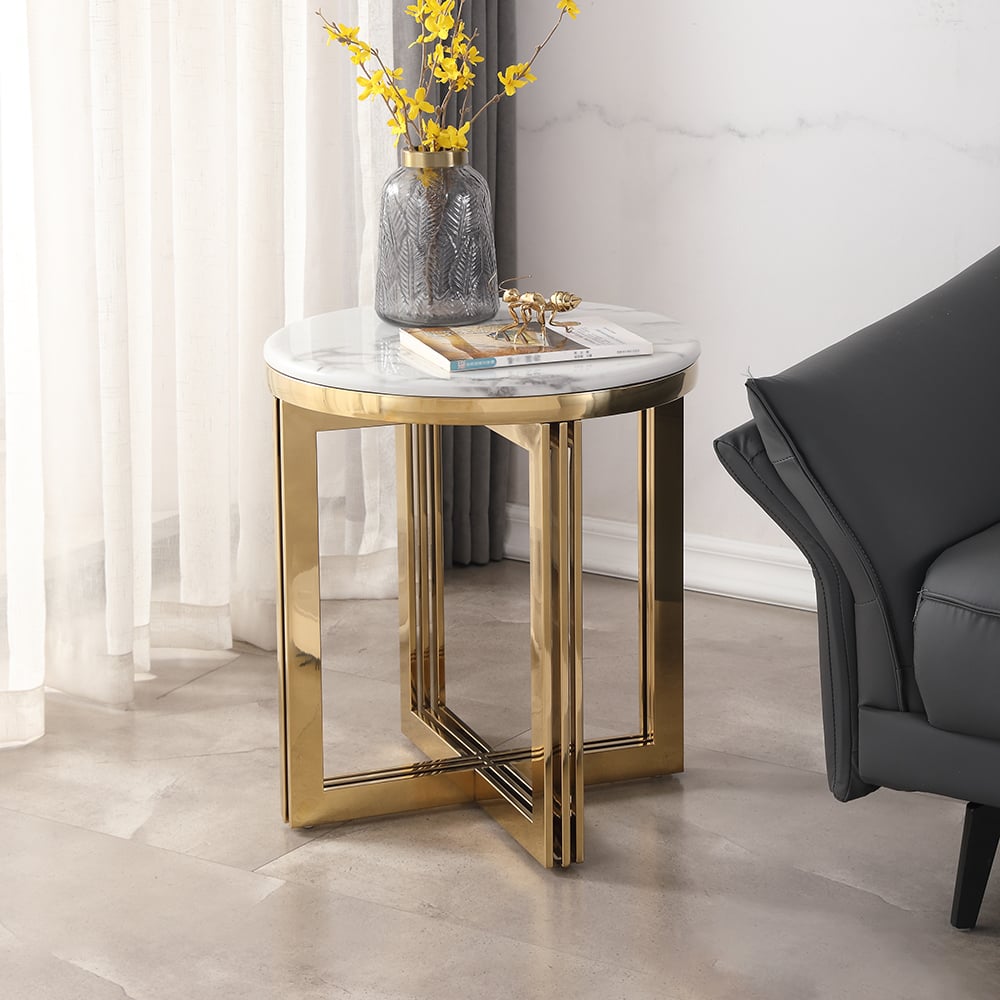 HMR - Modern Round Marble-top End Table Side Table in White & Gold