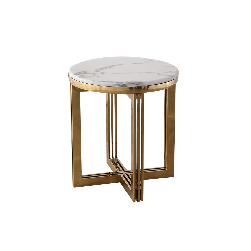 HMR - Modern Round Marble-top End Table Side Table in White & Gold