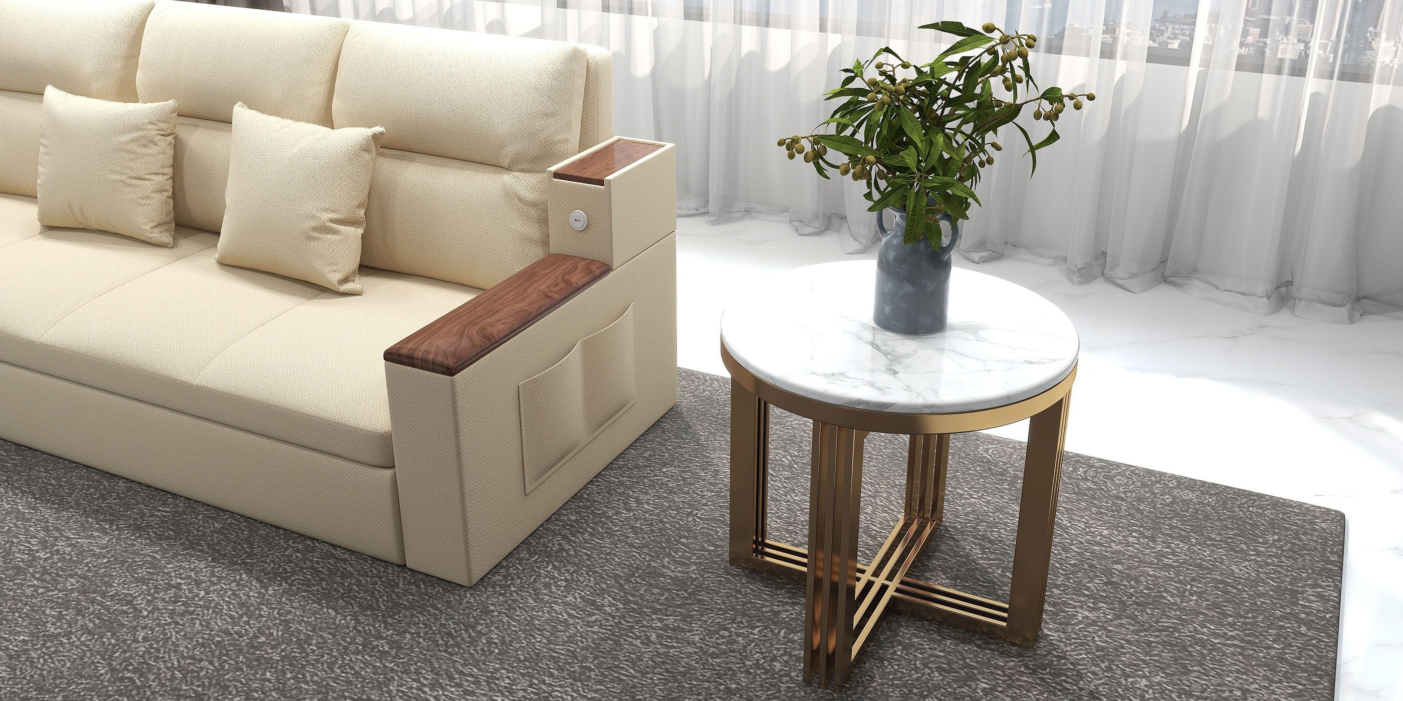 HMR - Modern Round Marble-top End Table Side Table in White & Gold