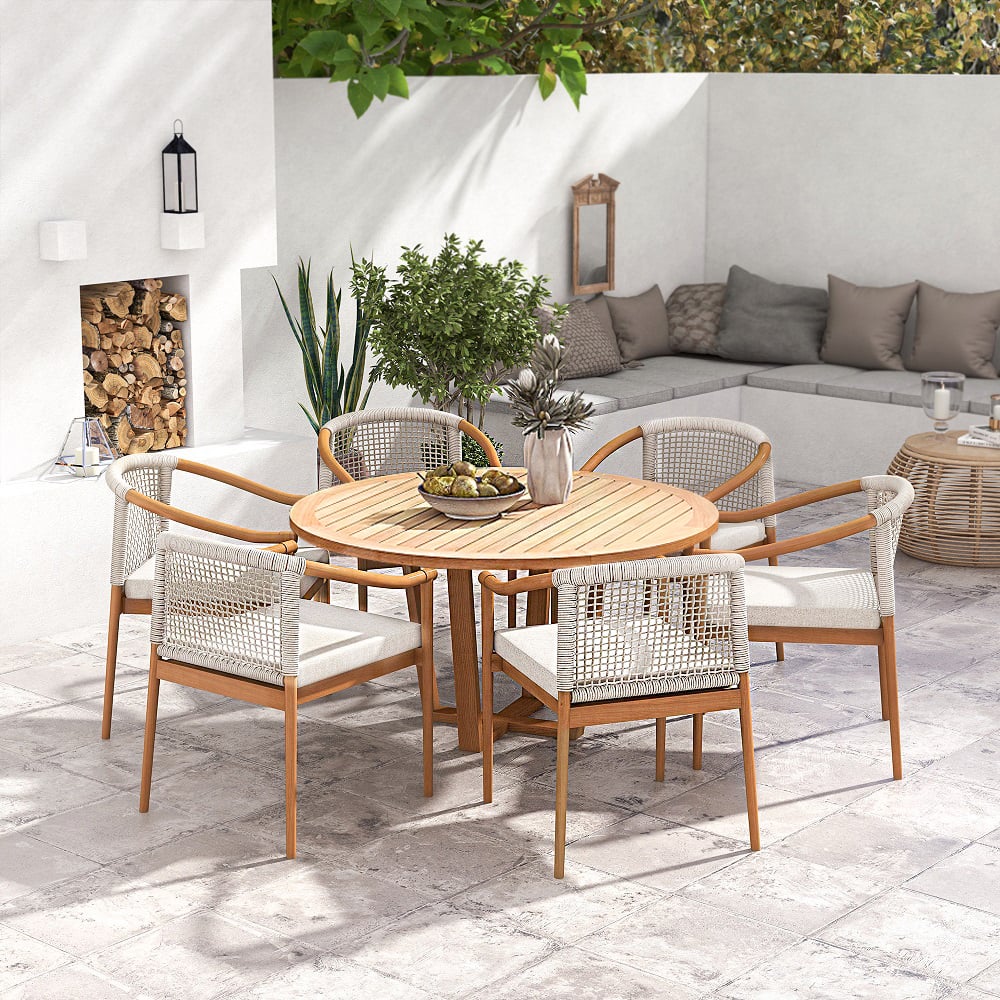HMR - 7-Pieces Teak Outdoor Dining Set Wood Round Dining Table with 6 Chairs in Natural