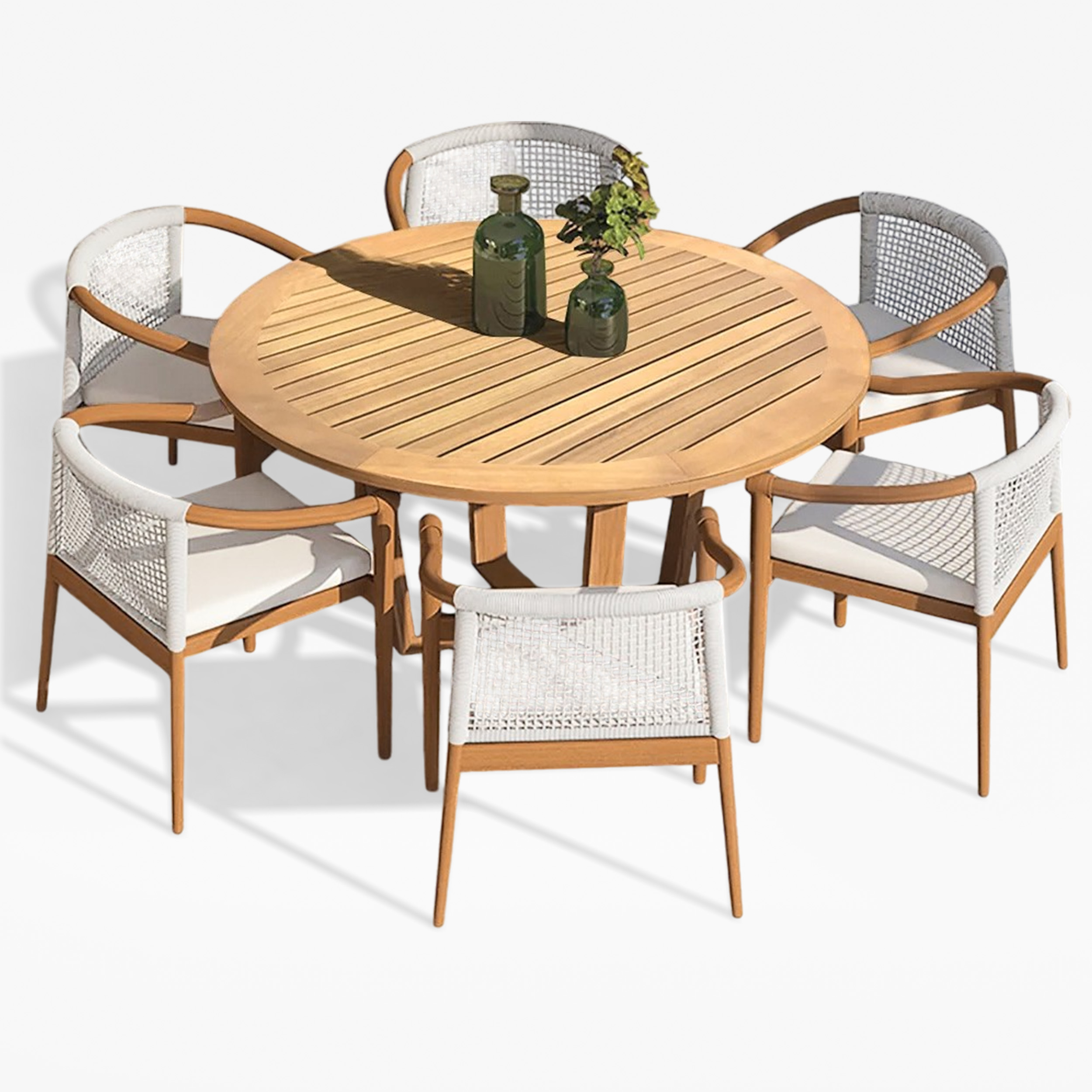 HMR - 7-Pieces Teak Outdoor Dining Set Wood Round Dining Table with 6 Chairs in Natural