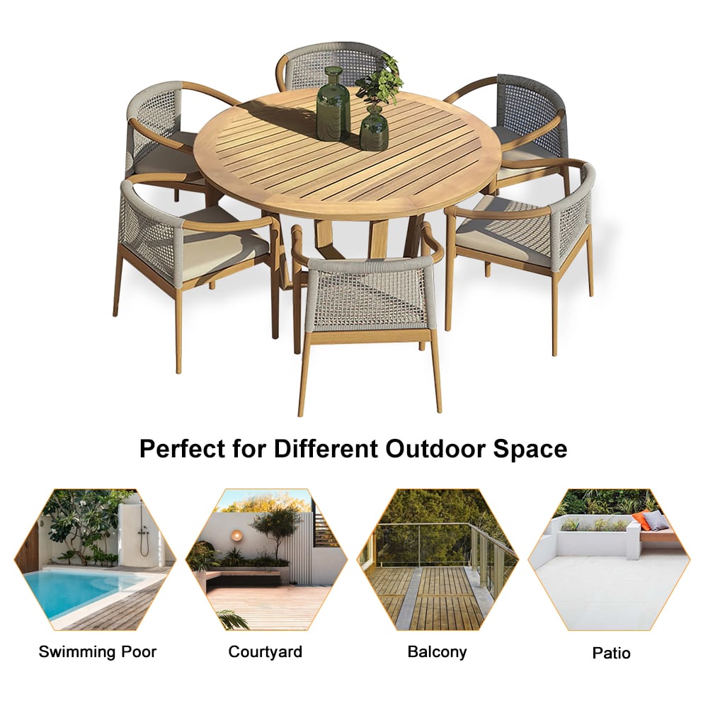 HMR - 7-Pieces Teak Outdoor Dining Set Wood Round Dining Table with 6 Chairs in Natural