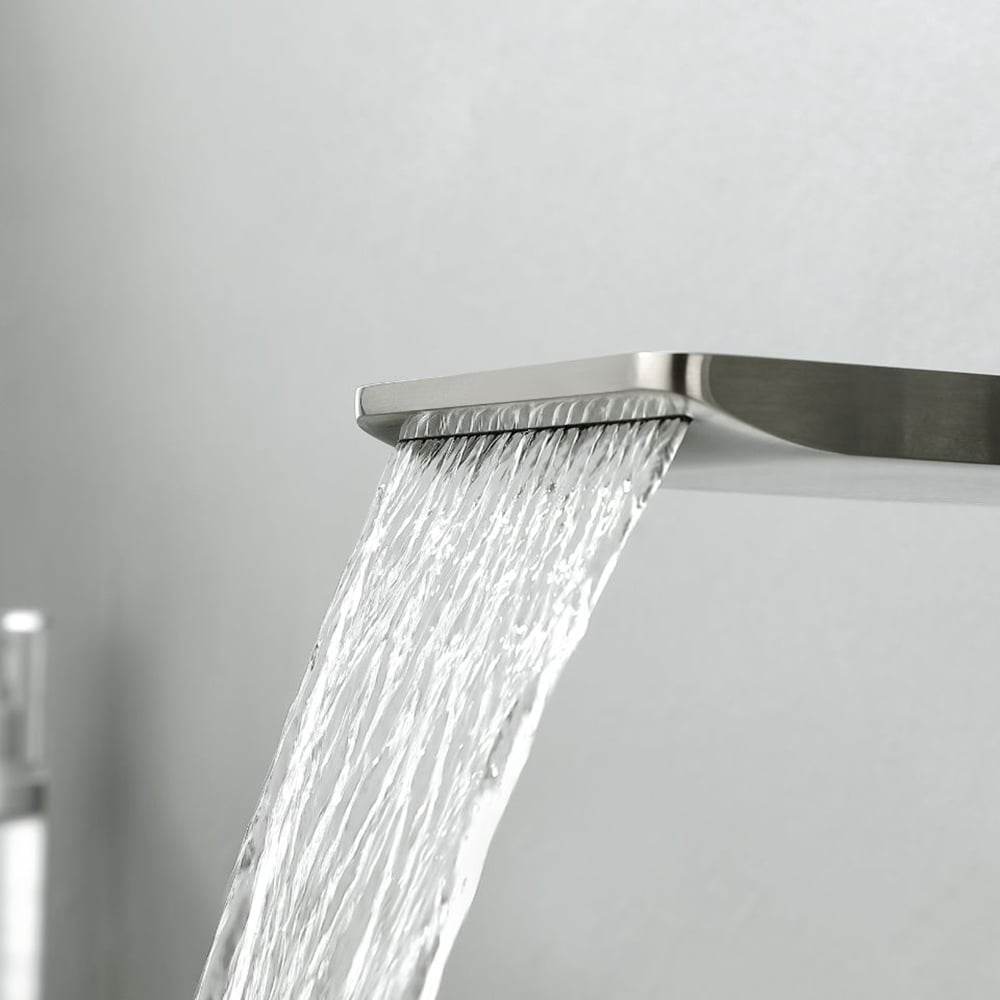 HMR - Modern Waterfall Tub Filler Wall Mounted Bathtub Faucet with Handshower Brushed Nickel