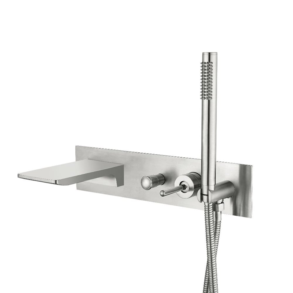 HMR - Modern Waterfall Tub Filler Wall Mounted Bathtub Faucet with Handshower Brushed Nickel