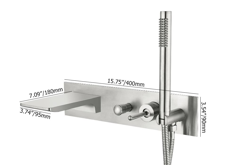 HMR - Modern Waterfall Tub Filler Wall Mounted Bathtub Faucet with Handshower Brushed Nickel