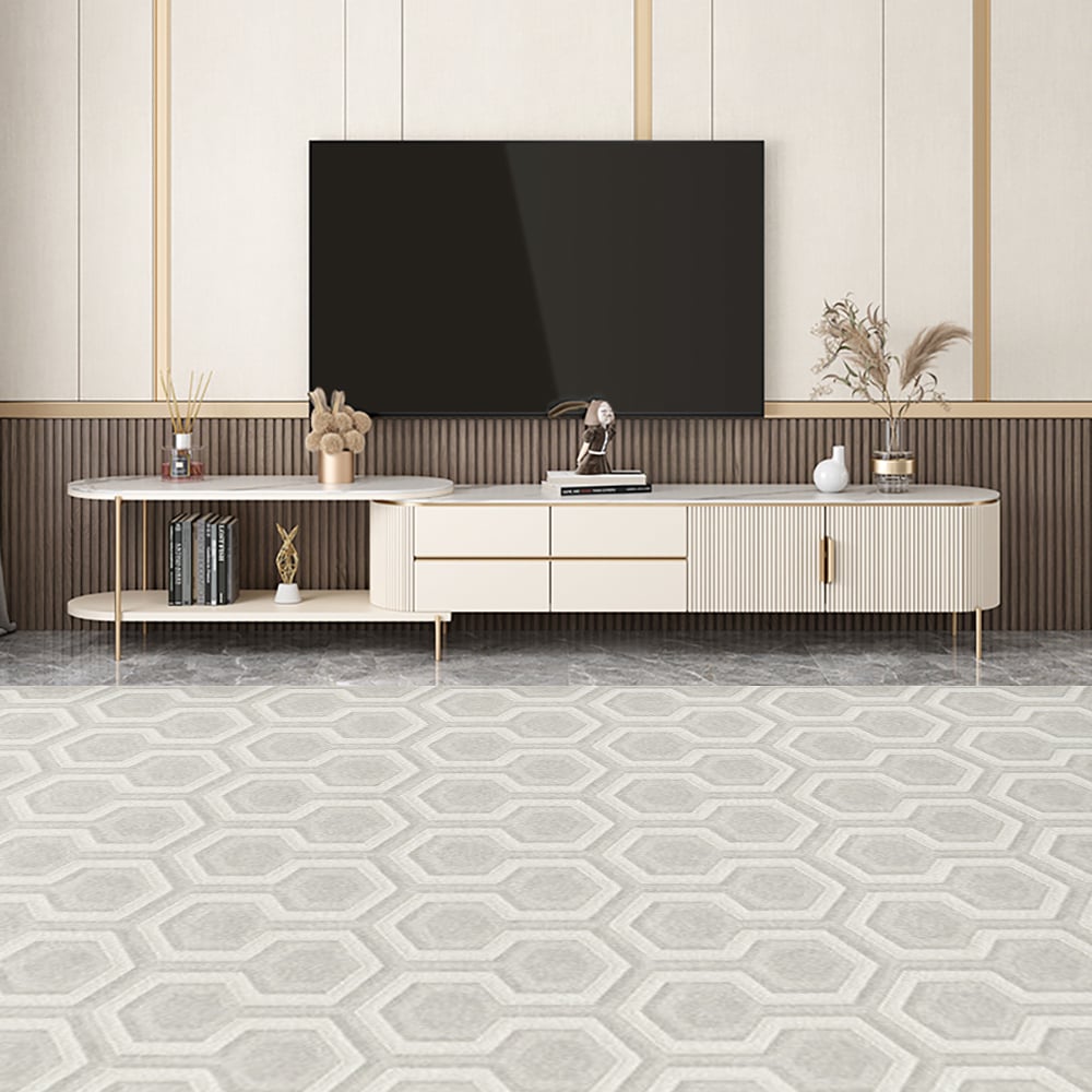 HMR - Mytures Off White Oval Retractable Sintered Stone TV Stand Media Console with 4 Drawers